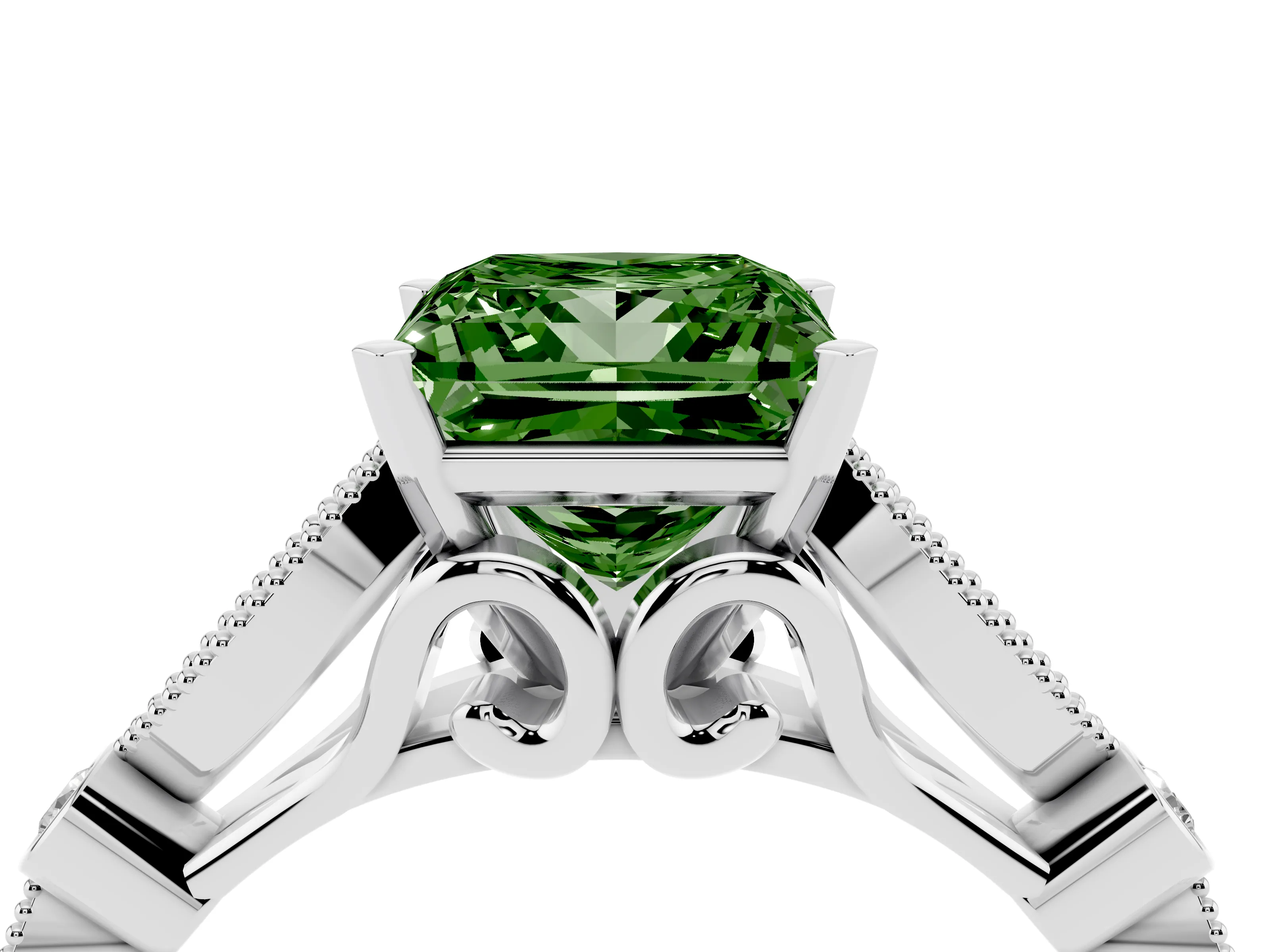 Fancy Green Princess Cut Diamond Solitaire Ring Set in Platinum with Milgrain Marquise and Bezel Accents