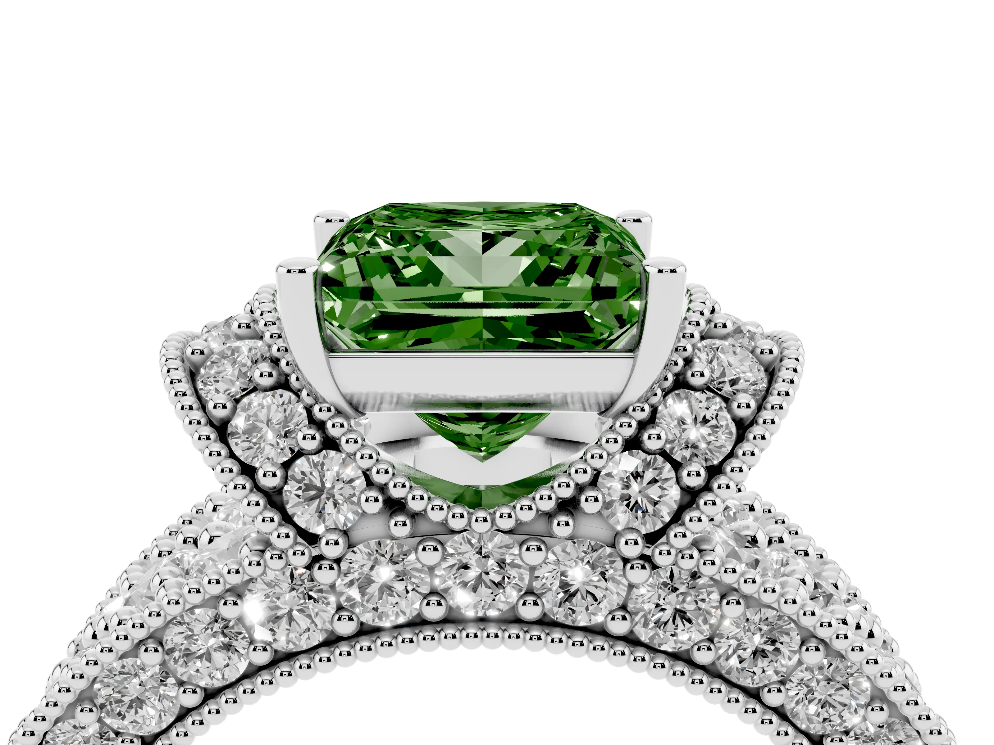 Fancy Green Princess Cut Diamond Milgrain Halo Pavé Engagement Ring Set in White gold with Prong Setting