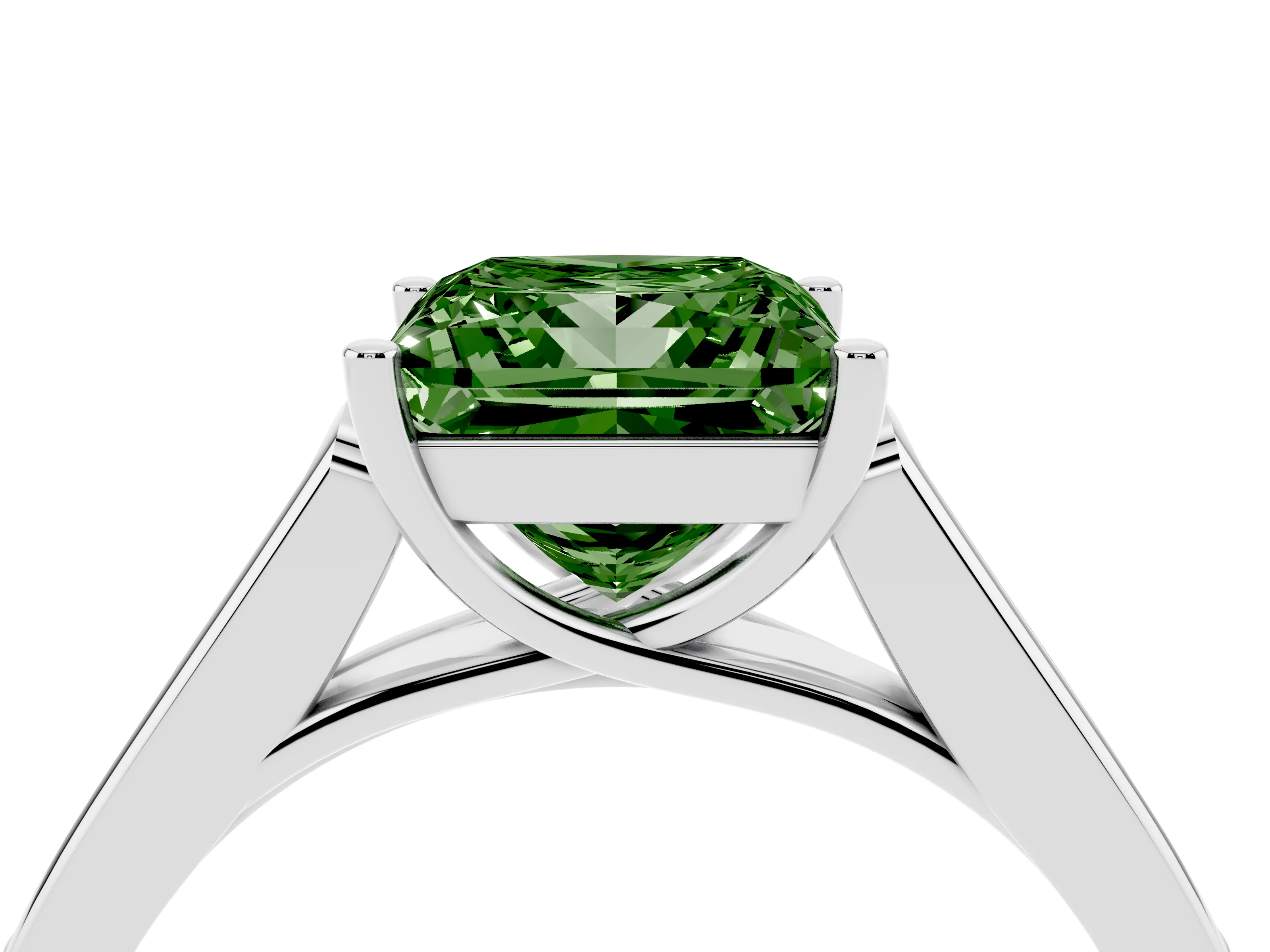 Fancy Green Princess Cut Diamond Solitaire Cathedral Engagement Ring Set in Platinum with Channel-Set Band and Prong Setting