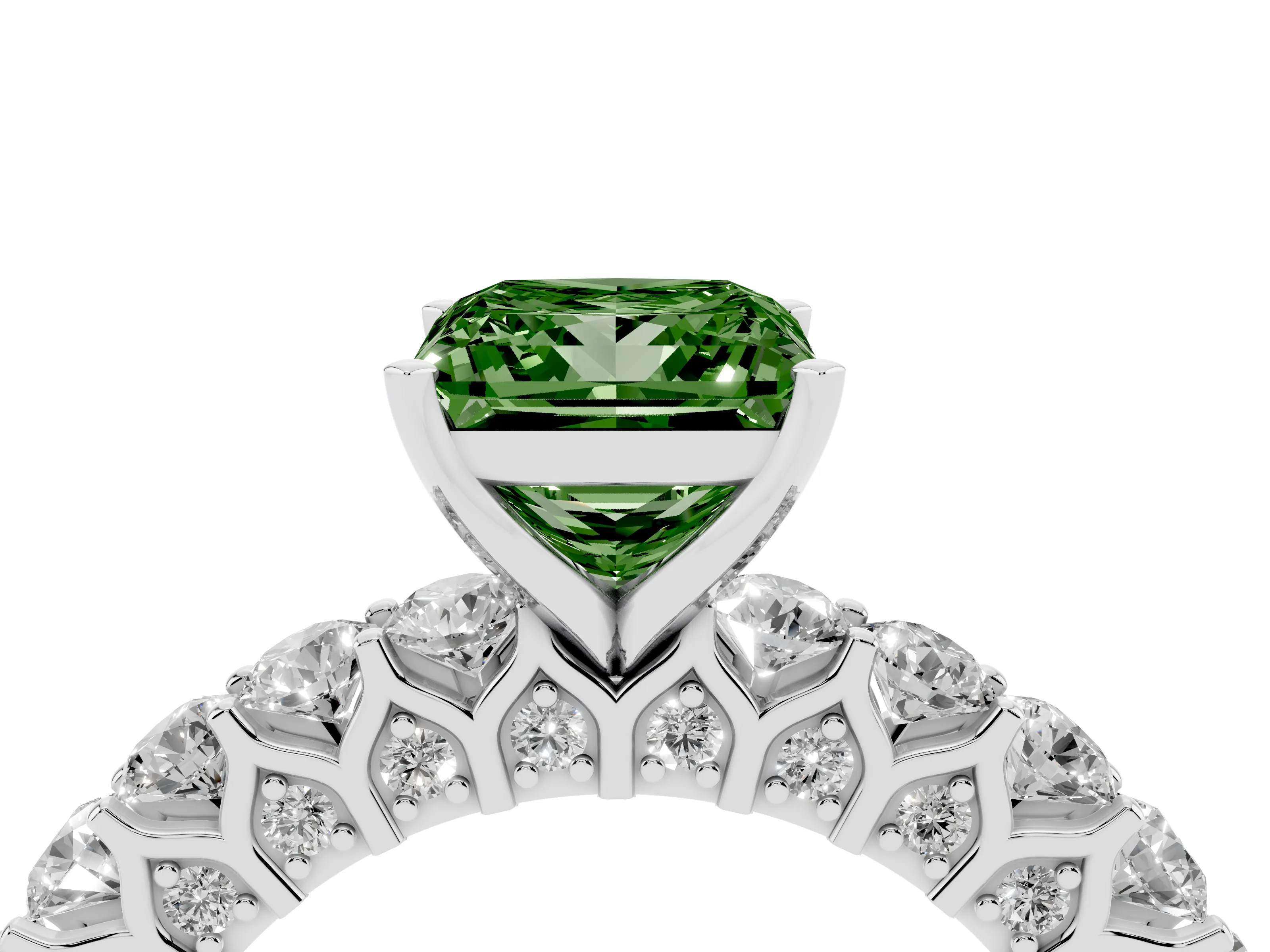 Fancy Green Princess Cut Diamond Solitaire Ring Set in Silver with Shared Prong Pavé Band