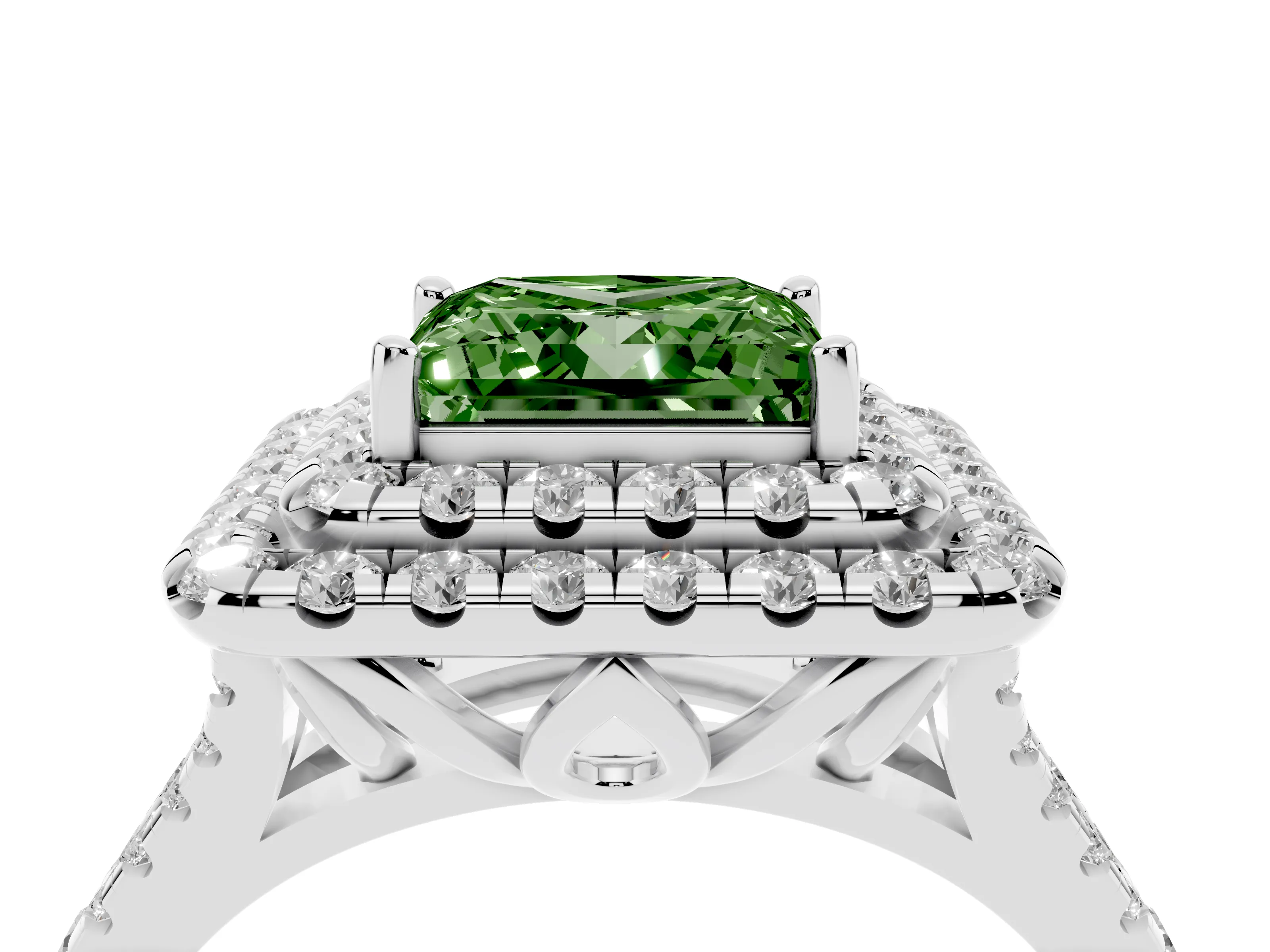 Fancy Green Princess Cut Diamond Double Halo Ring Set in White gold with Pavé Split Shank and Prong Setting