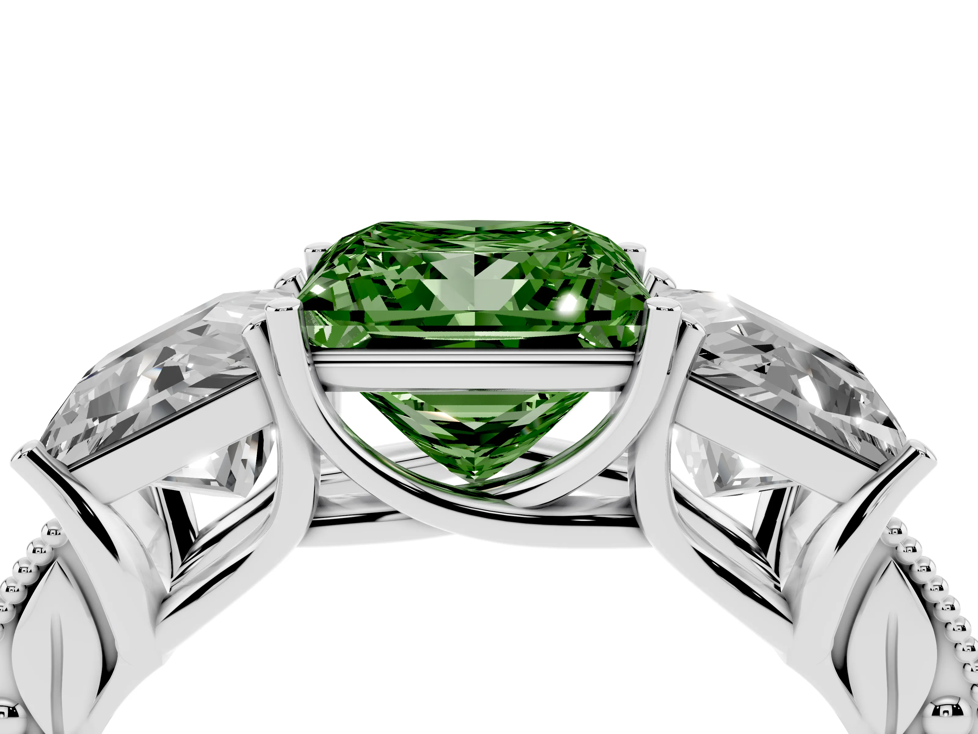 Fancy Green Princess Cut Diamond Three-Stone Engagement Ring Set in White gold with Milgrain Pavé Band