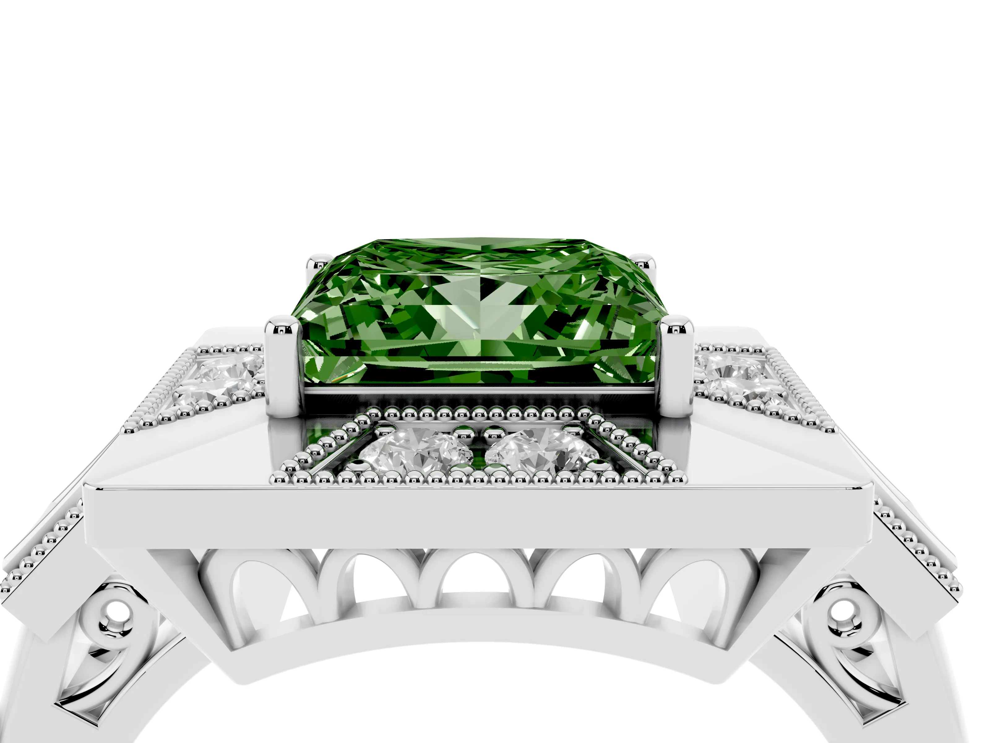 Fancy Green Princess Cut Diamond Milgrain Halo Ring Set in Platinum with Split Shank