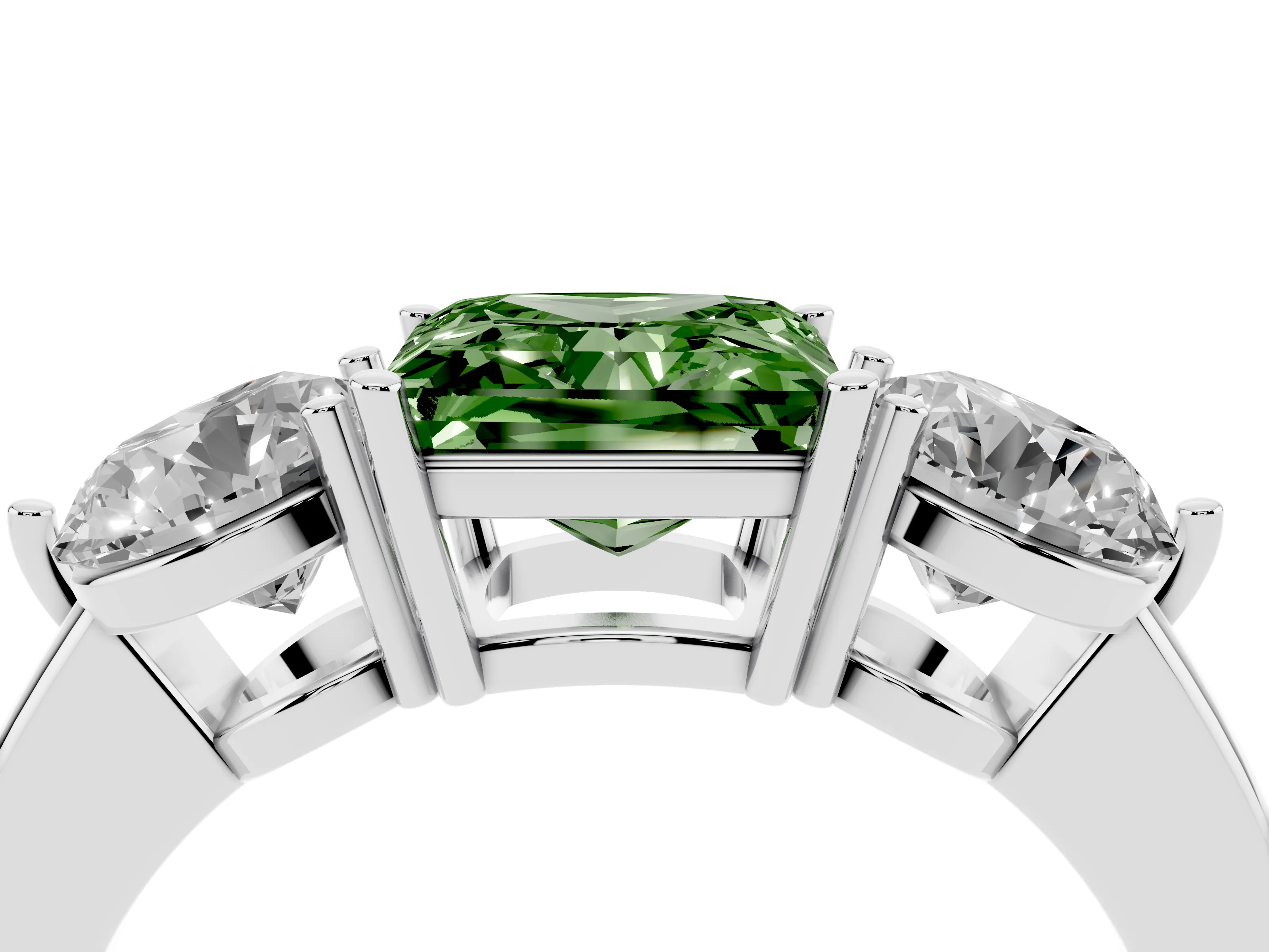 Fancy Green Princess Cut Diamond Three-Stone Ring Set in White gold with Prong Setting and Plain Band