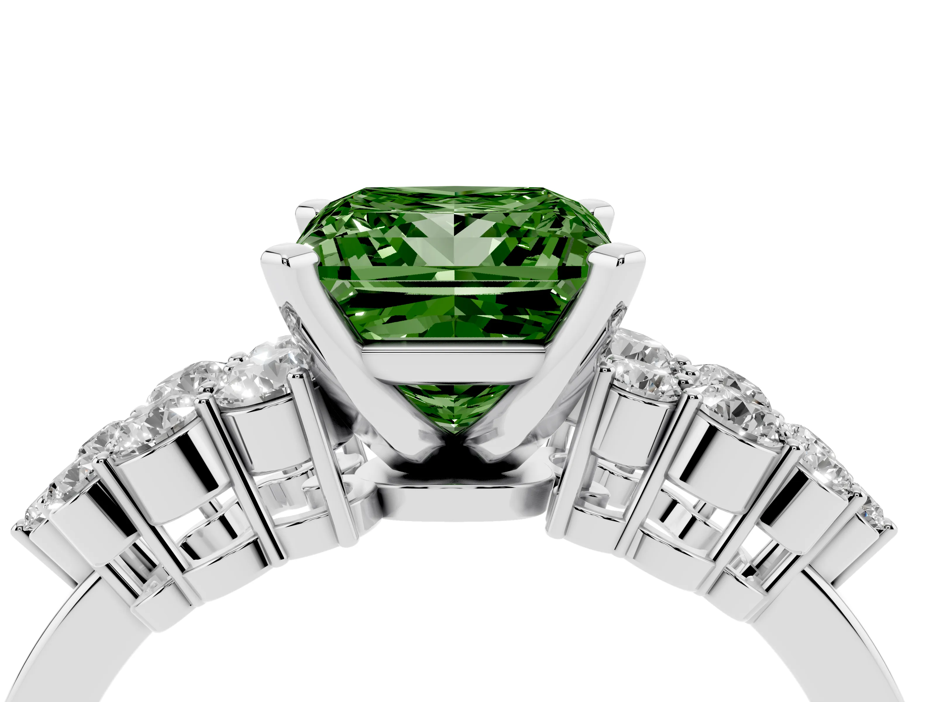 Fancy Green Princess Cut Diamond Cluster Engagement Ring Set in Platinum with Pavé Band and Prong Setting