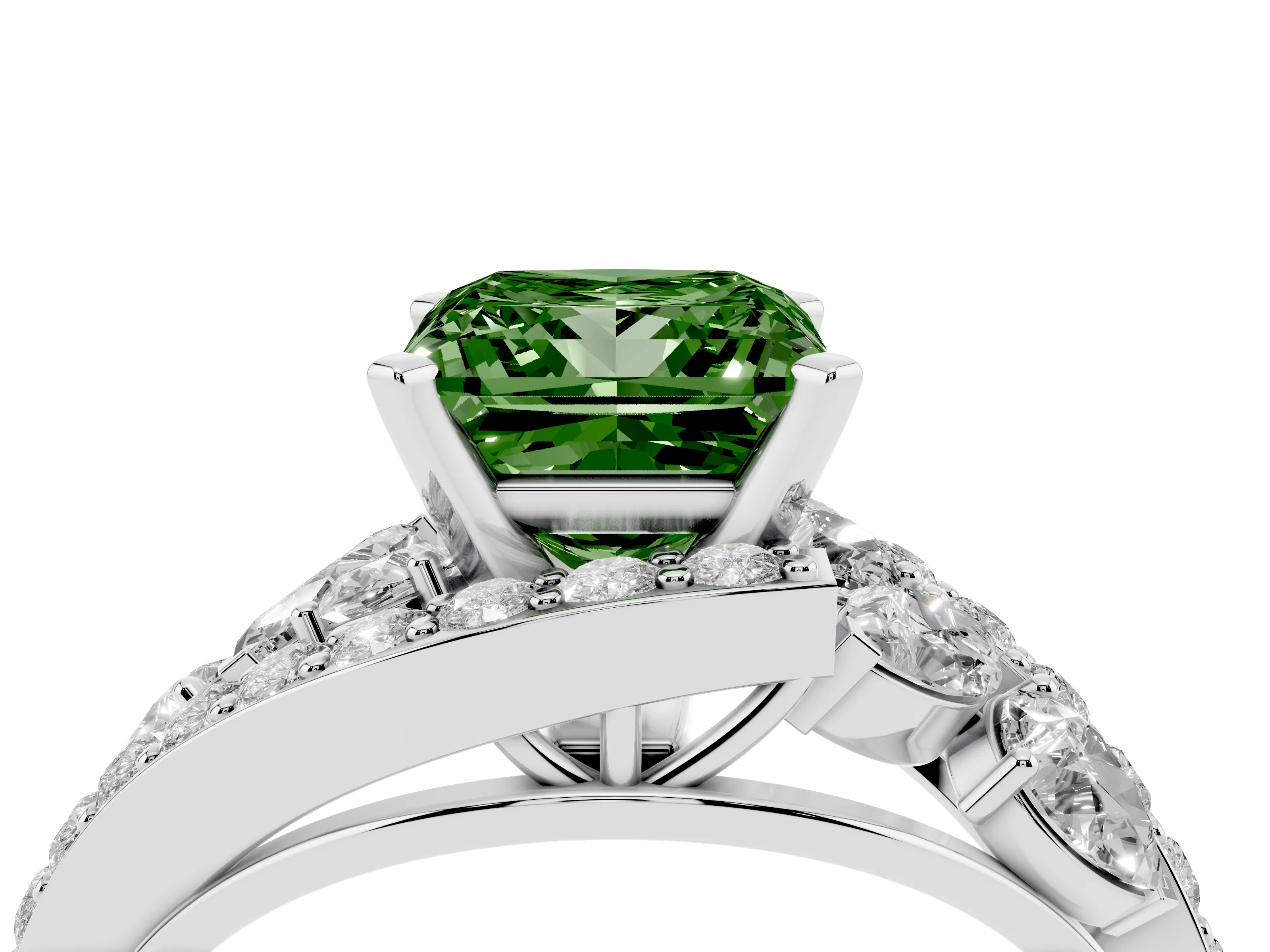 Fancy Green Princess Cut Diamond Halo Ring Set in Platinum with Marquise and Pavé Band in Prong Setting