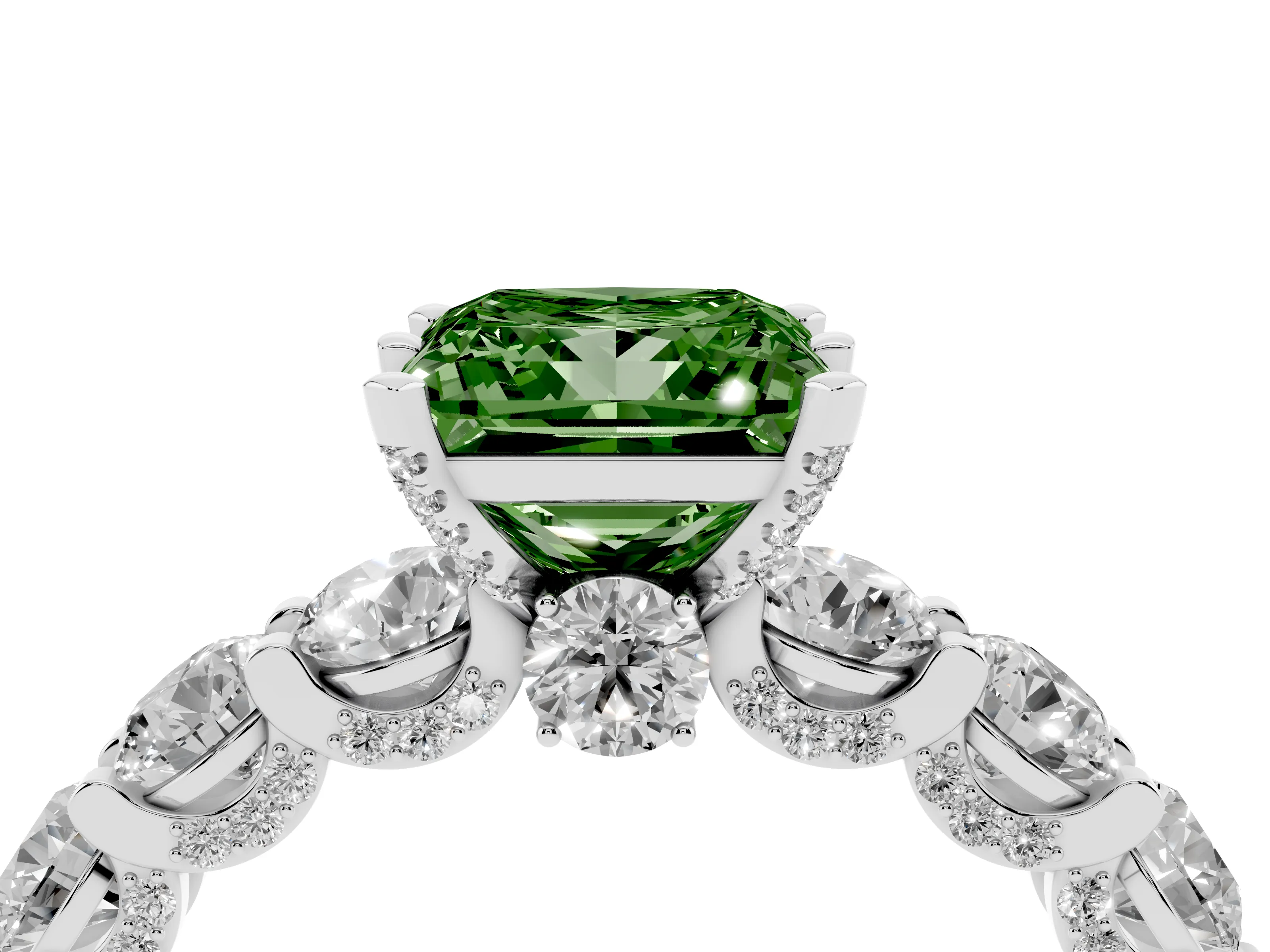 Fancy Green Princess Cut Diamond Side Stone Ring Set in Platinum with Alternating Round and Oval Side Stones