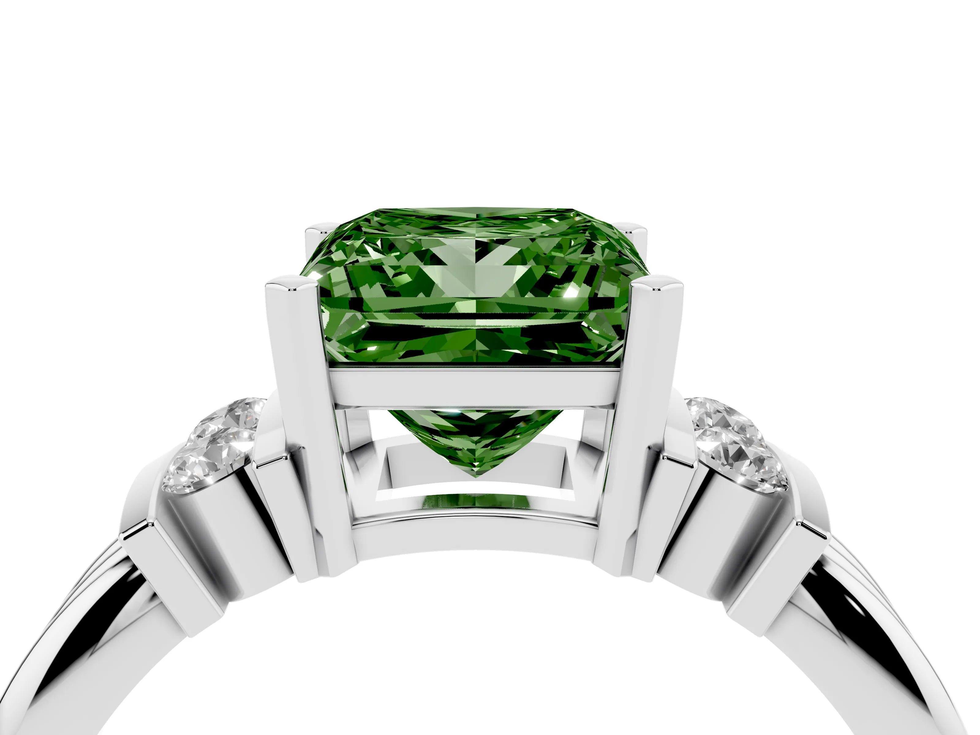 Fancy Green Three-Stone Princess Cut Diamond Channel Set Ring Set in Silver with Bar Prongs
