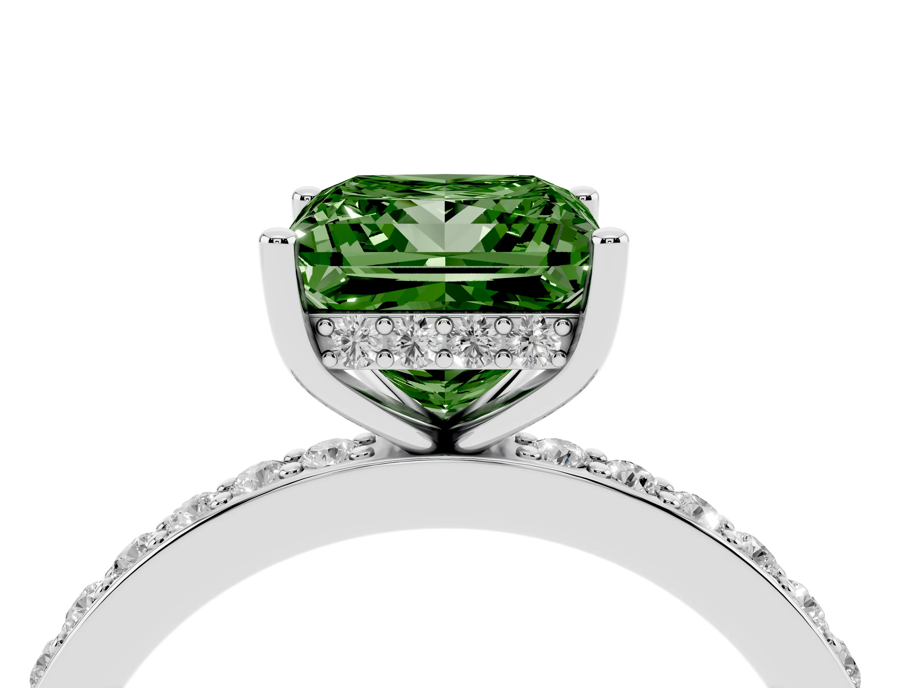 Fancy Green Princess Cut Diamond Pavé Band Ring Set in White gold with Prong-Set Center Stone