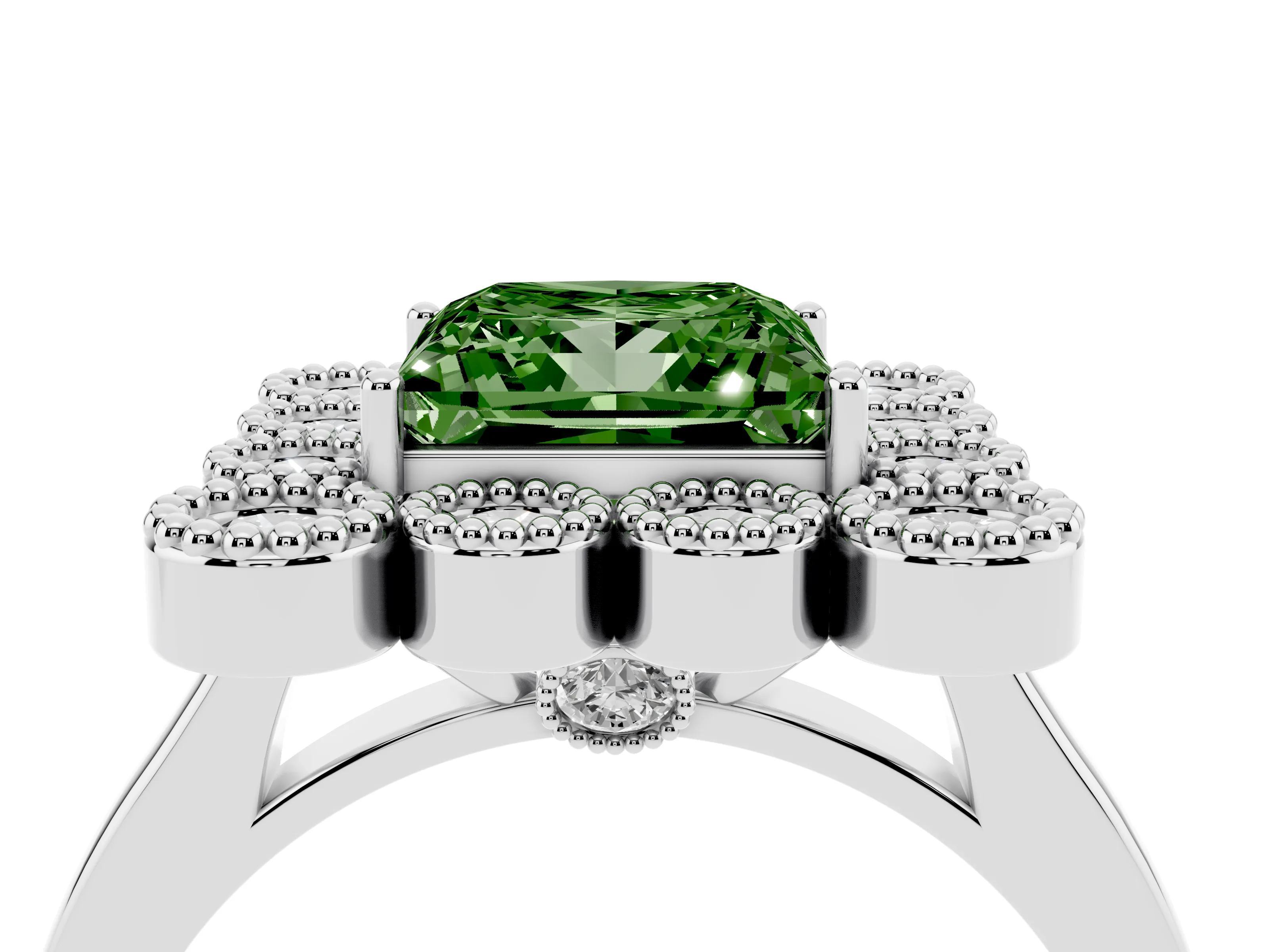 Fancy Green Princess Cut Diamond Cluster Halo Ring Set in White gold with Milgrain Bezel Accents and Plain Band