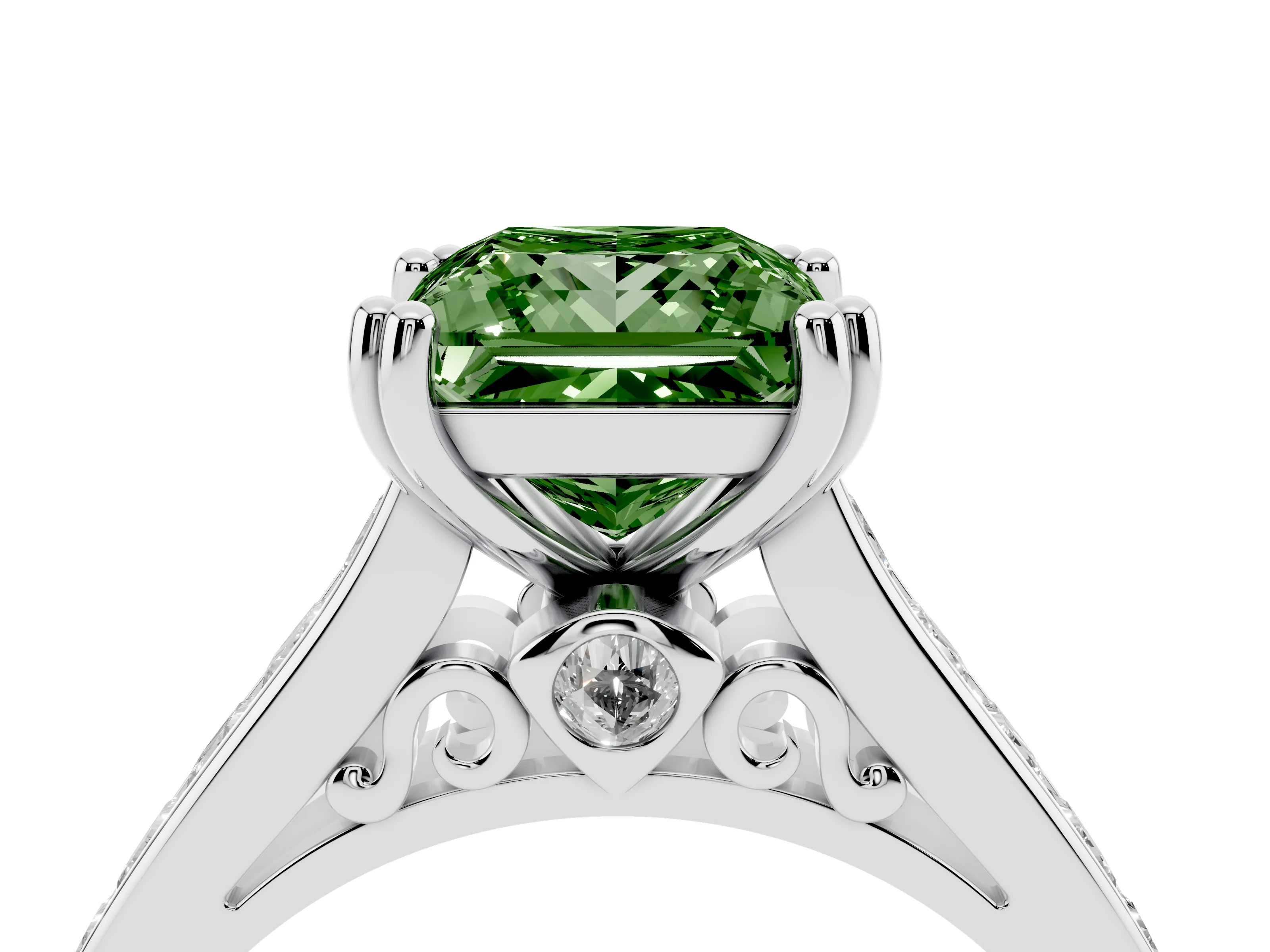 Fancy Green Princess Cut Diamond Channel Set Solitaire Engagement Ring Set in Silver with Prong Setting