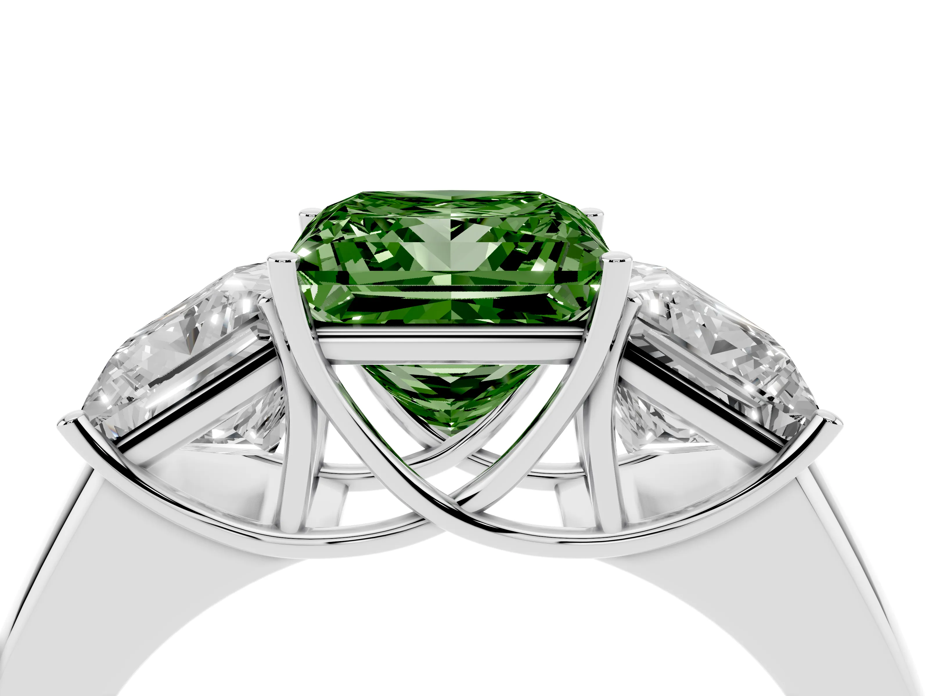 Fancy Green Three-Stone Princess Cut Diamond Ring Set in Platinum with Matching Prong Settings and Plain Band