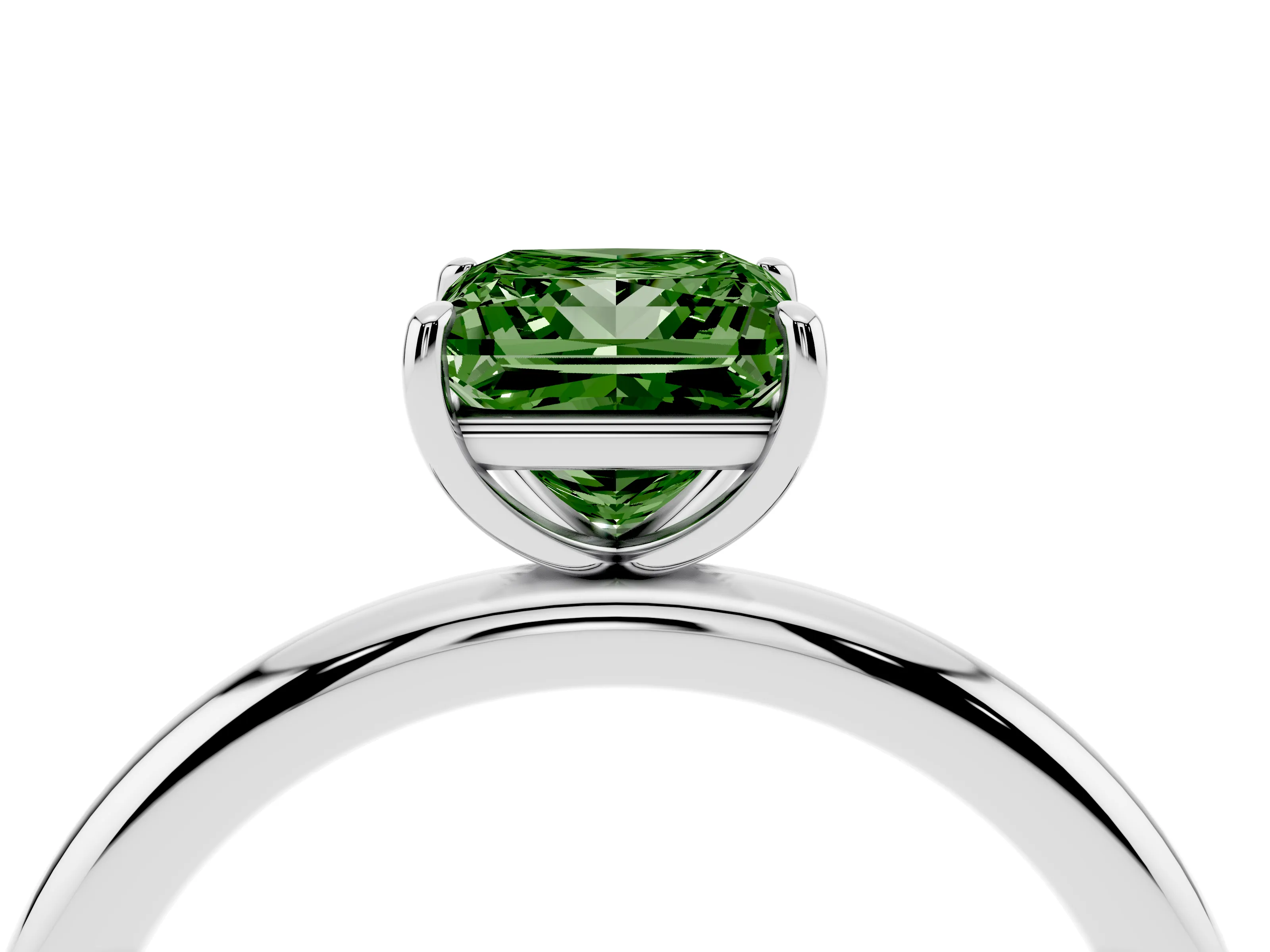 Fancy Green Princess Cut Diamond Solitaire Ring Set in Silver with Prong Setting on a Polished Plain Band