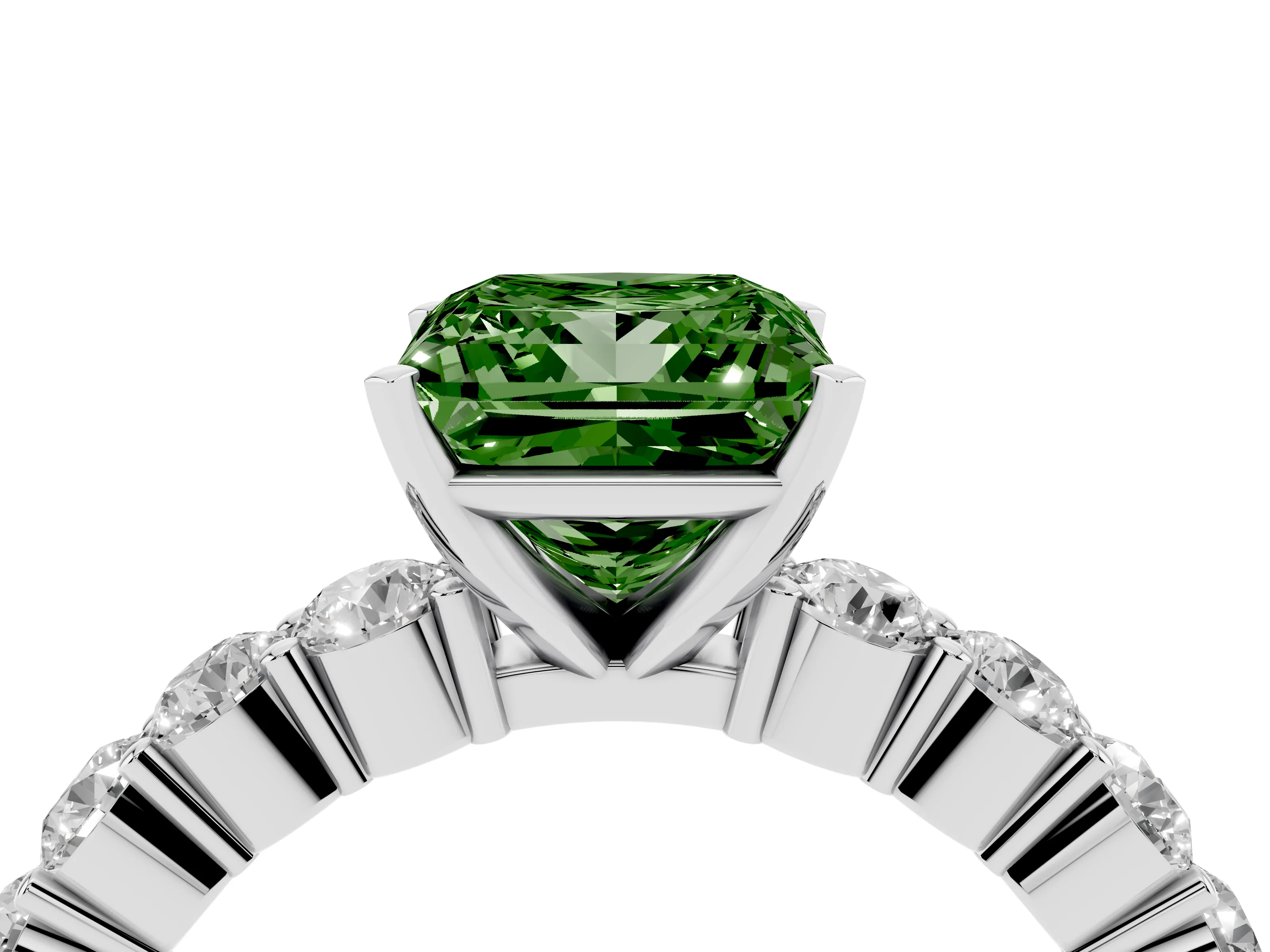Fancy Green Princess Cut Diamond Solitaire Ring Set in Platinum with Shared Prong Round Side Stones