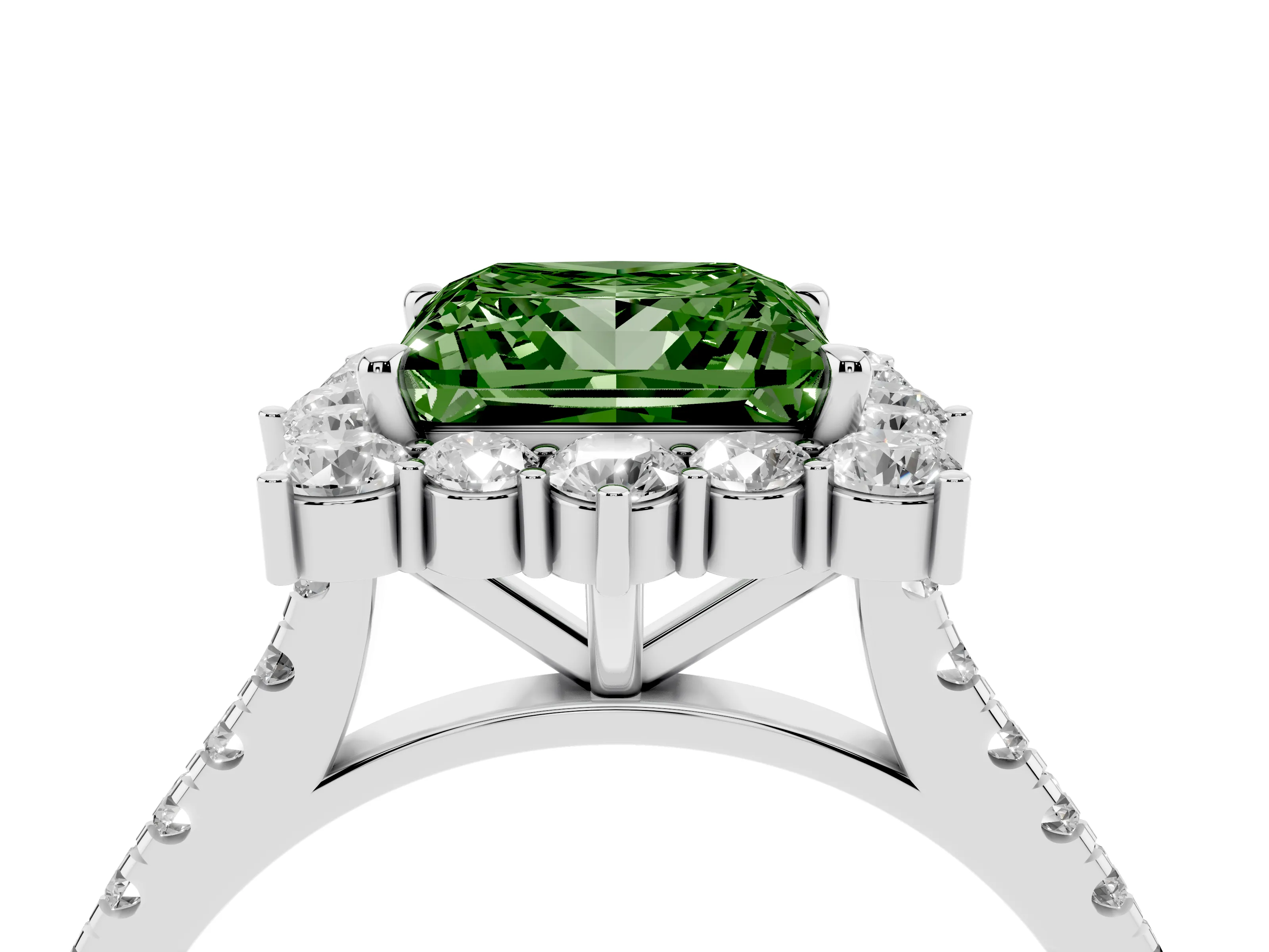 Fancy Green Princess Cut Diamond Halo Ring Set in White gold with Pavé Band and Prong Setting