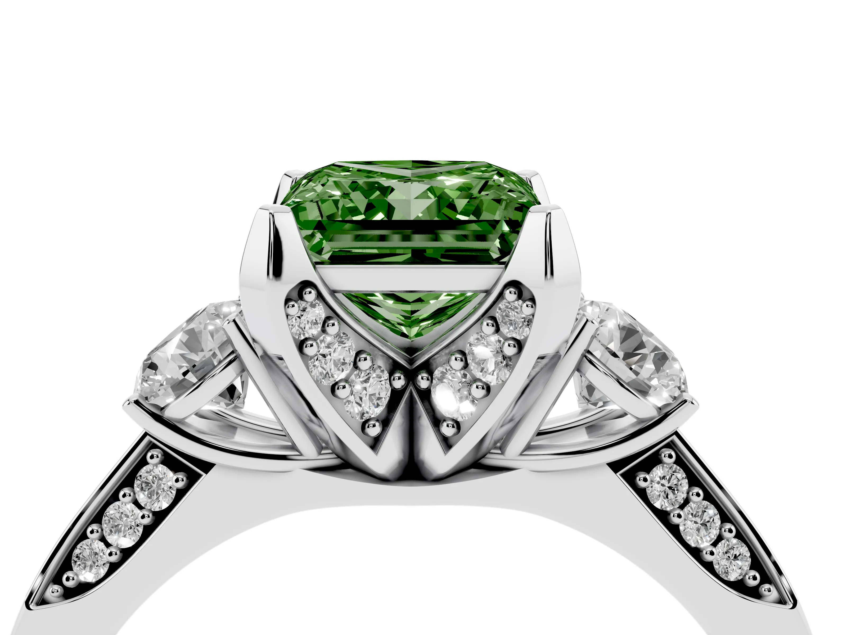 Fancy Green Princess Cut Diamond Three-Stone Ring Set in Silver with Pavé Band and Smaller Side Stones