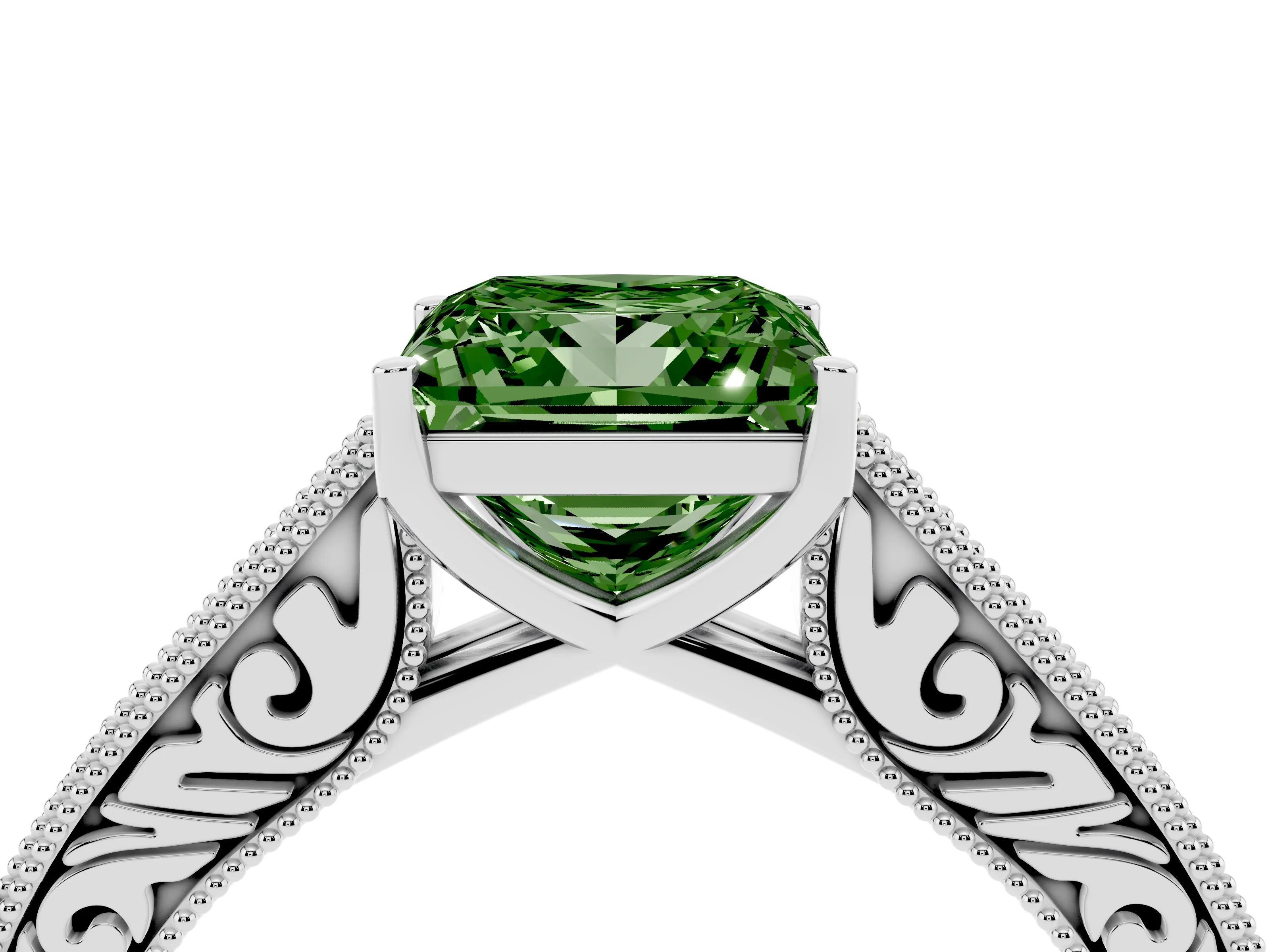 Fancy Green Princess Cut Diamond Milgrain Pavé Band Solitaire Ring Set in Platinum with Prong Setting
