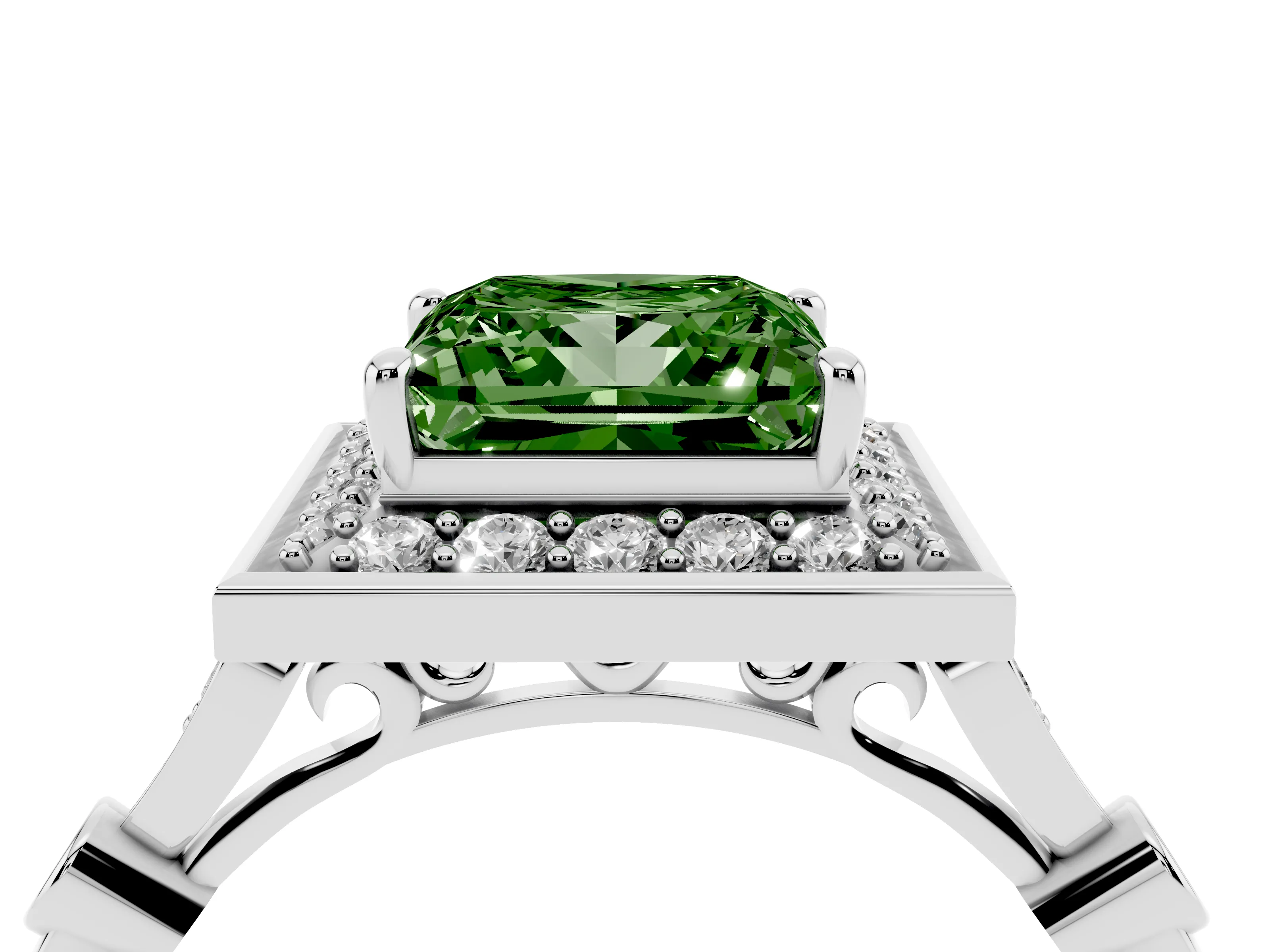Fancy Green Princess Cut Diamond Halo Engagement Ring Set in Platinum with Twisted Band and Prong Setting