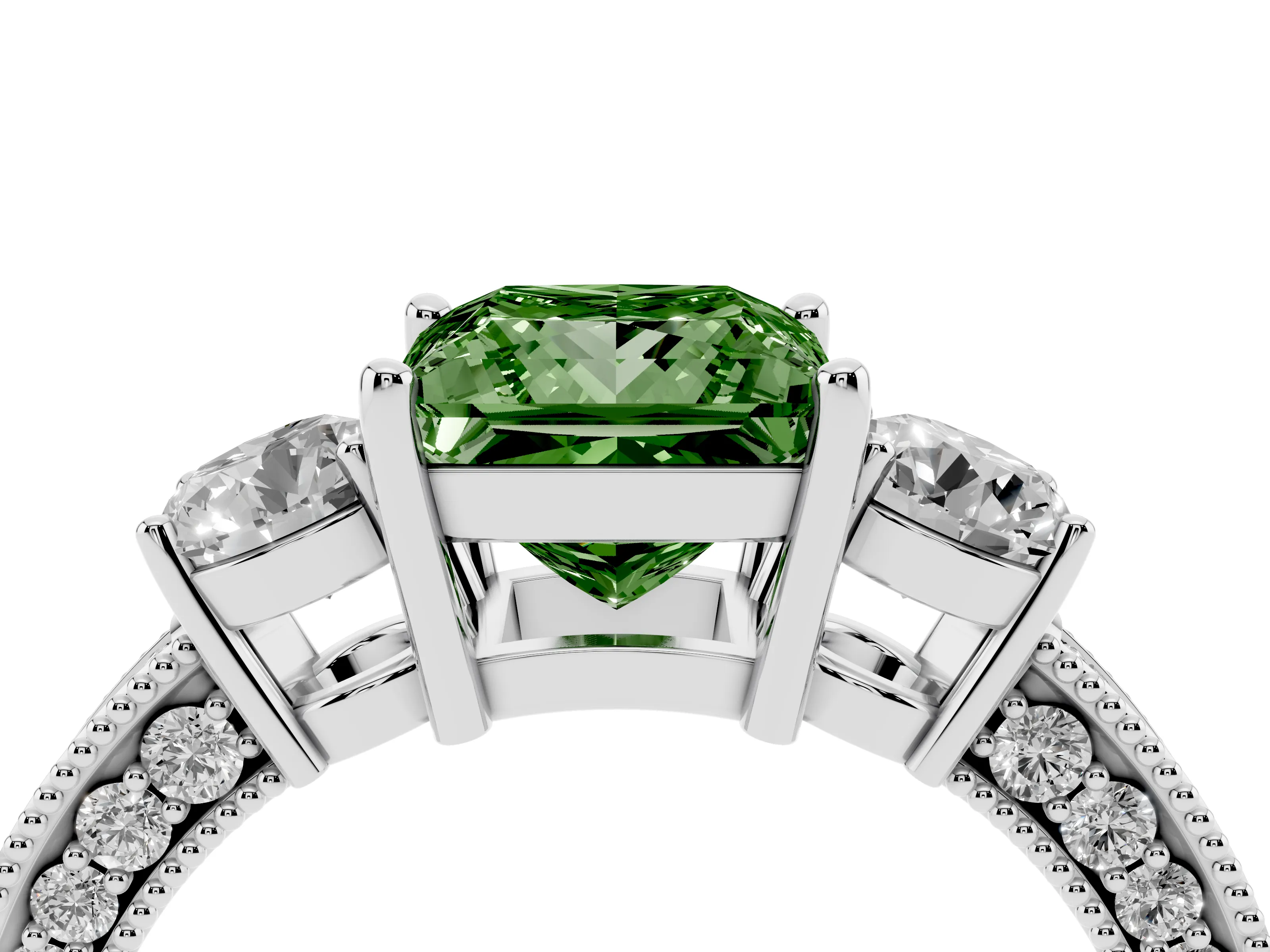 Fancy Green Princess Cut Diamond Three-Stone Ring Set in Platinum with Round Side Stones and Pavé Band