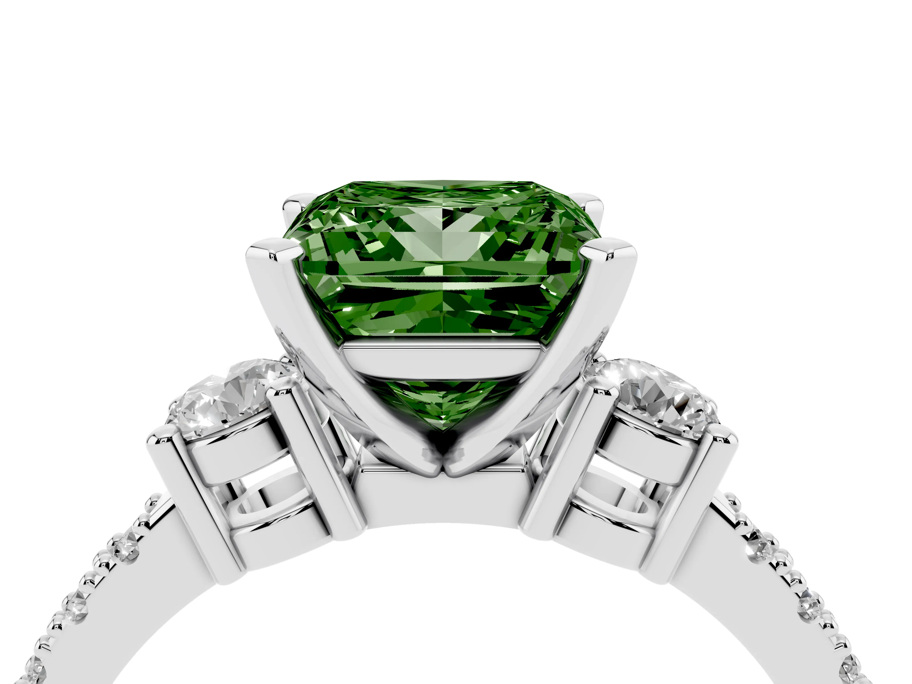 Fancy Green Three-Stone Princess Cut Diamond Pavé Band Ring Set in Silver with Prong Setting