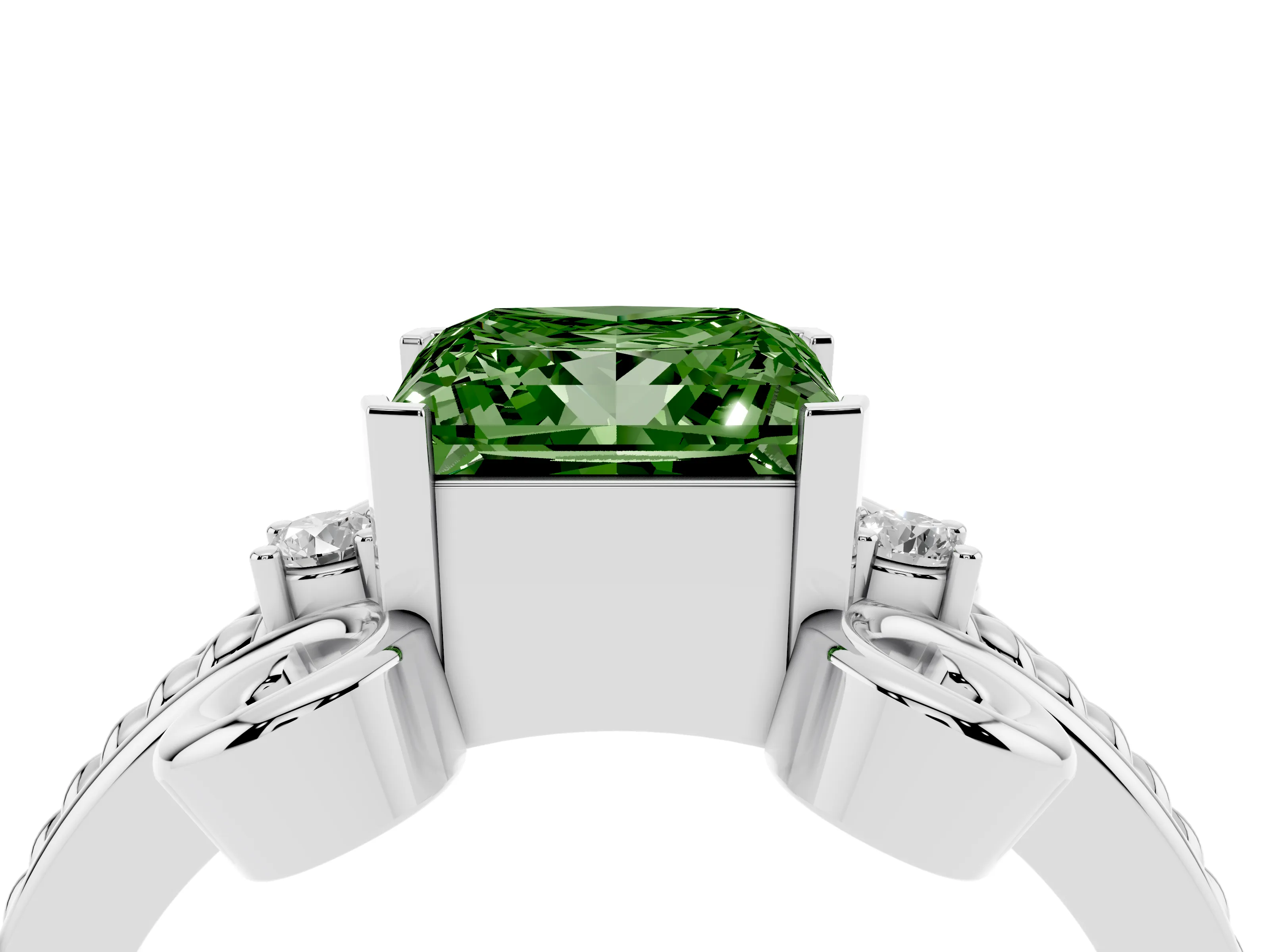 Fancy Green Princess Cut Diamond Twisted Band Solitaire Ring Set in Platinum with Scroll Prongs