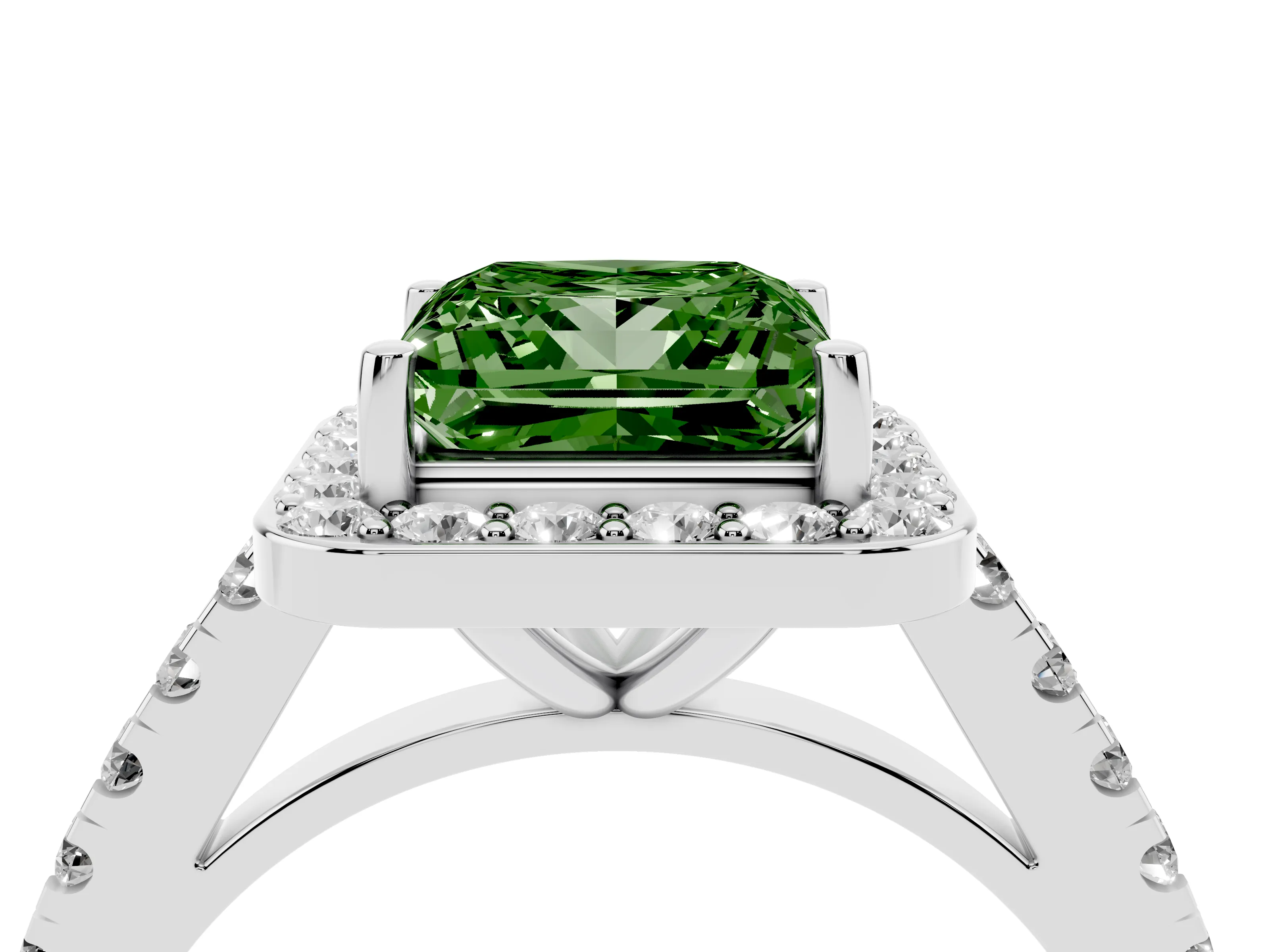Fancy Green Princess Cut Diamond Halo Ring Set in Silver with Round Pavé Split Shank and Prong Setting