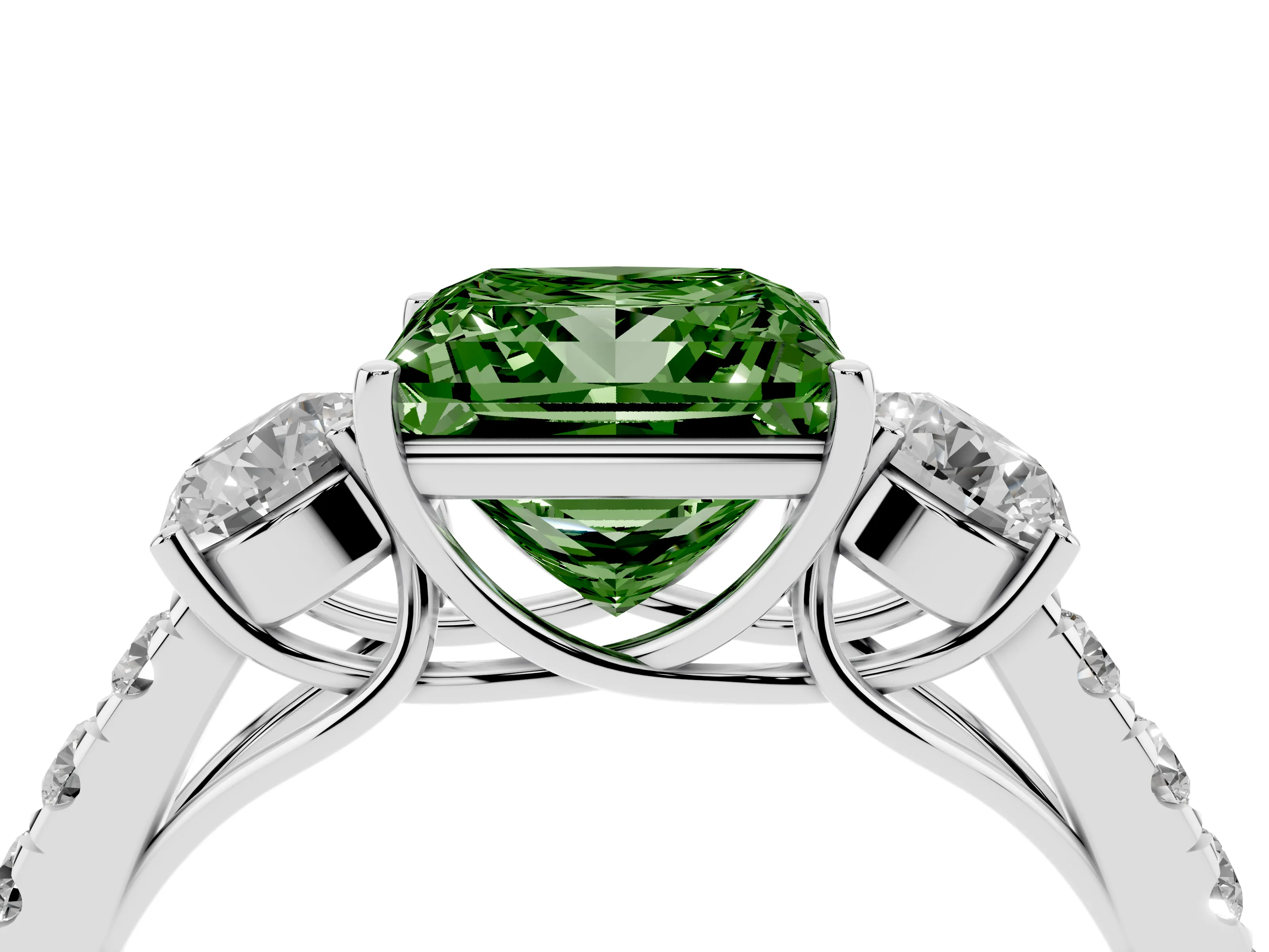 Fancy Green Princess Cut Diamond Three-Stone Ring Set in Silver with Round Side Stones and Delicate Pavé Band