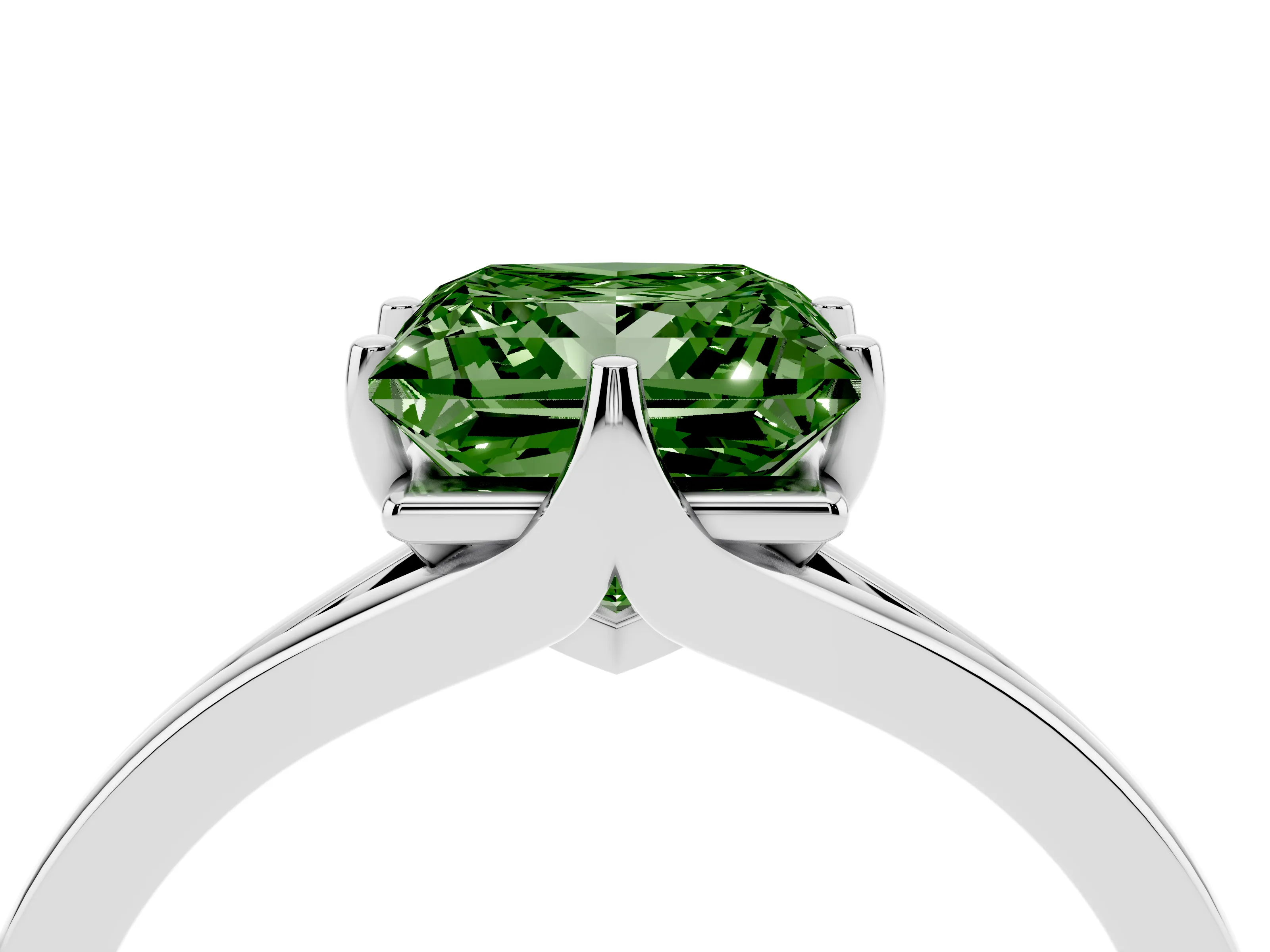Fancy Green Princess Cut Diamond Solitaire Ring Set in White gold with Polished Tapered Band and Prong Setting