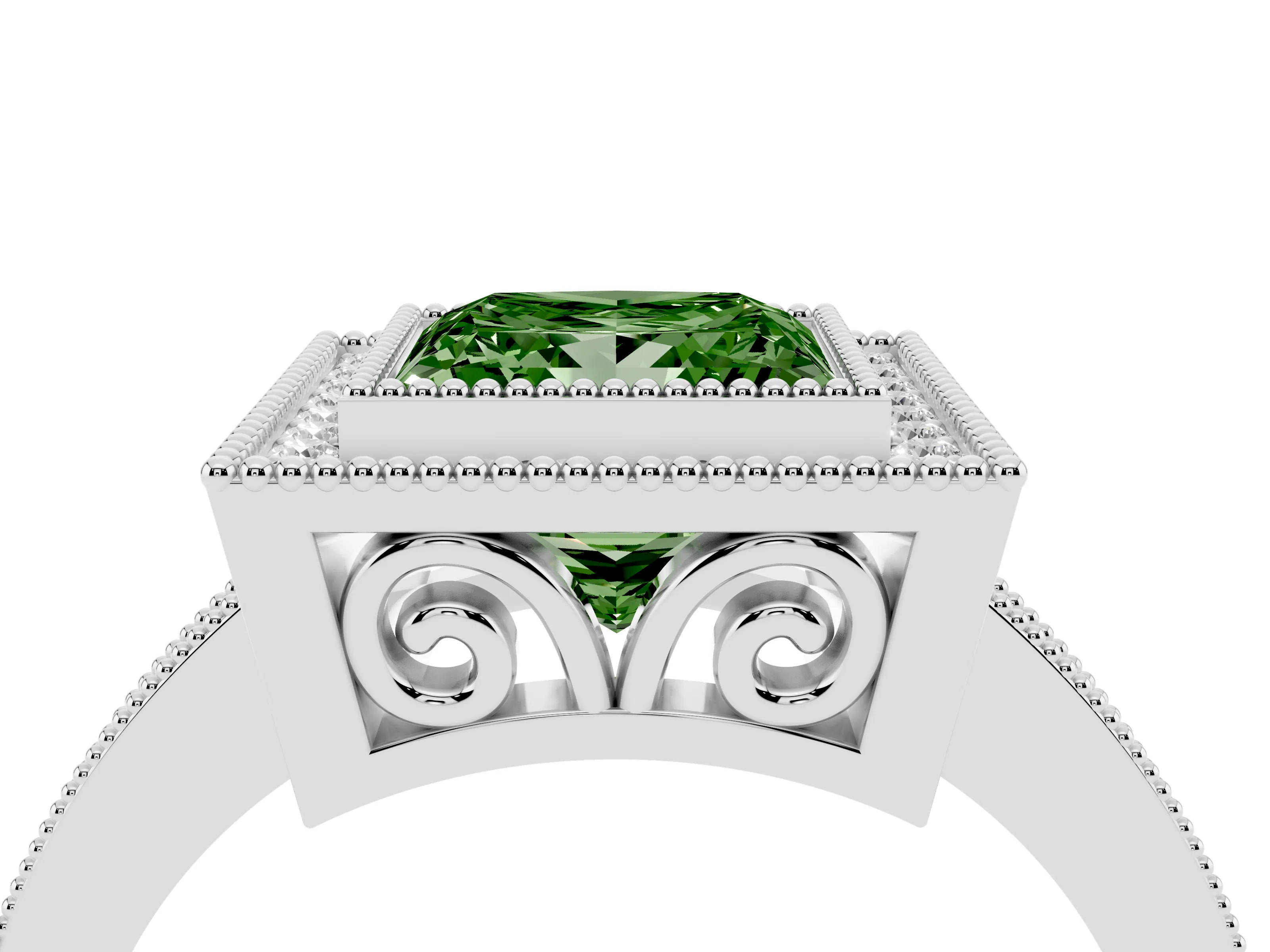 Fancy Green Princess Cut Diamond Halo Ring Set in White gold with Pavé Band and Milgrain-Edged Prongs