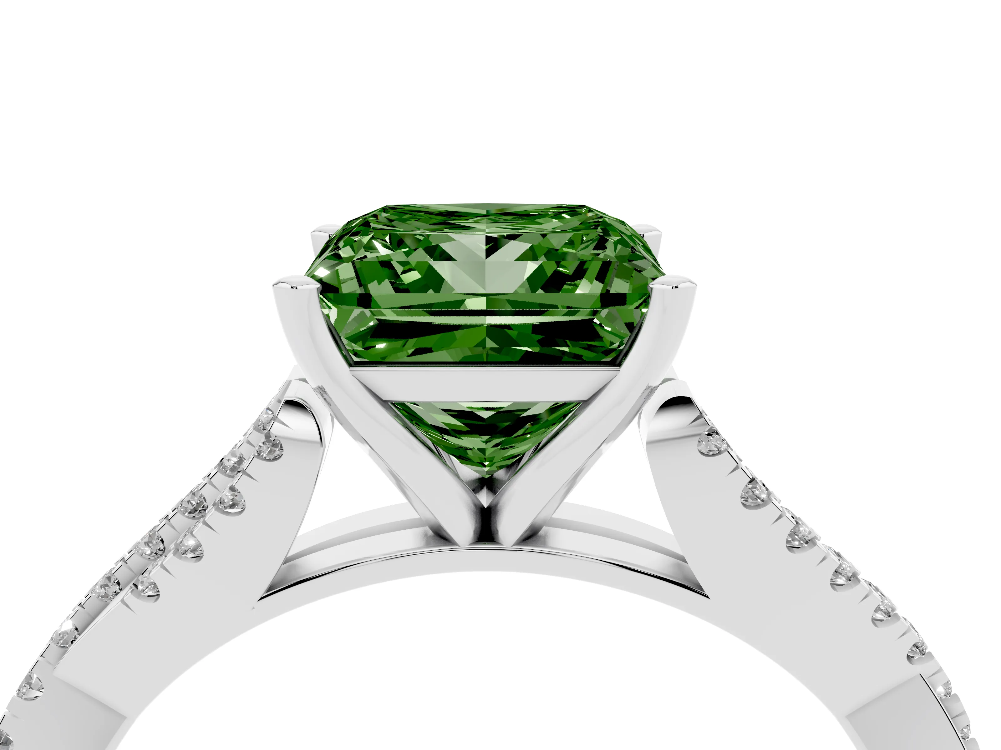 Fancy Green Princess Cut Diamond Solitaire Engagement Ring Set in Platinum with Twisted Pavé Band and Prong Setting