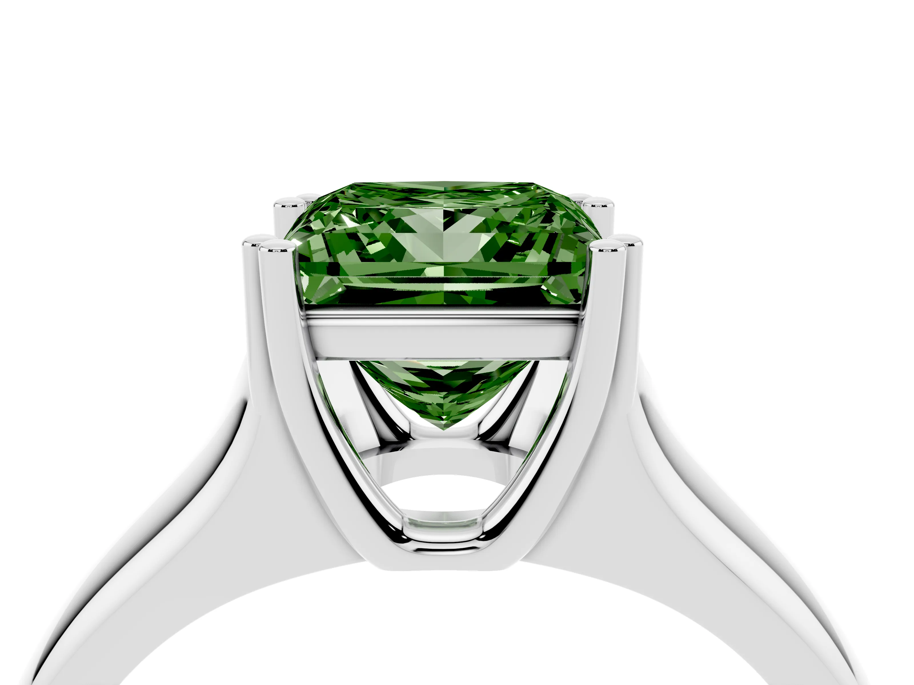 Fancy Green Princess Cut Diamond Solitaire Ring Set in Platinum with Wide Band and Prong Setting