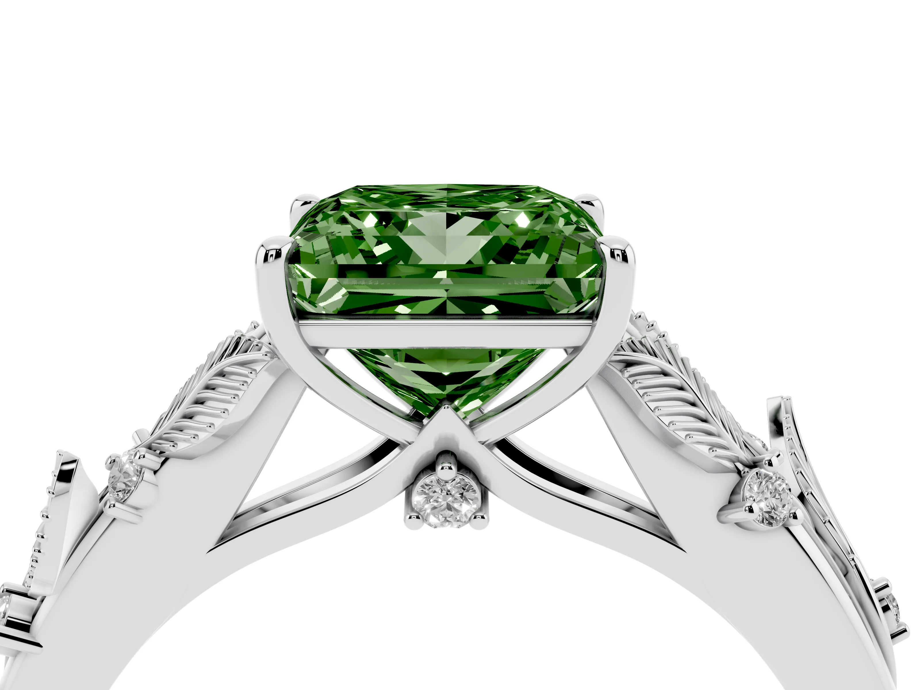 Fancy Green Princess Cut Diamond Solitaire Ring Set in Silver with Leaf Motif Band