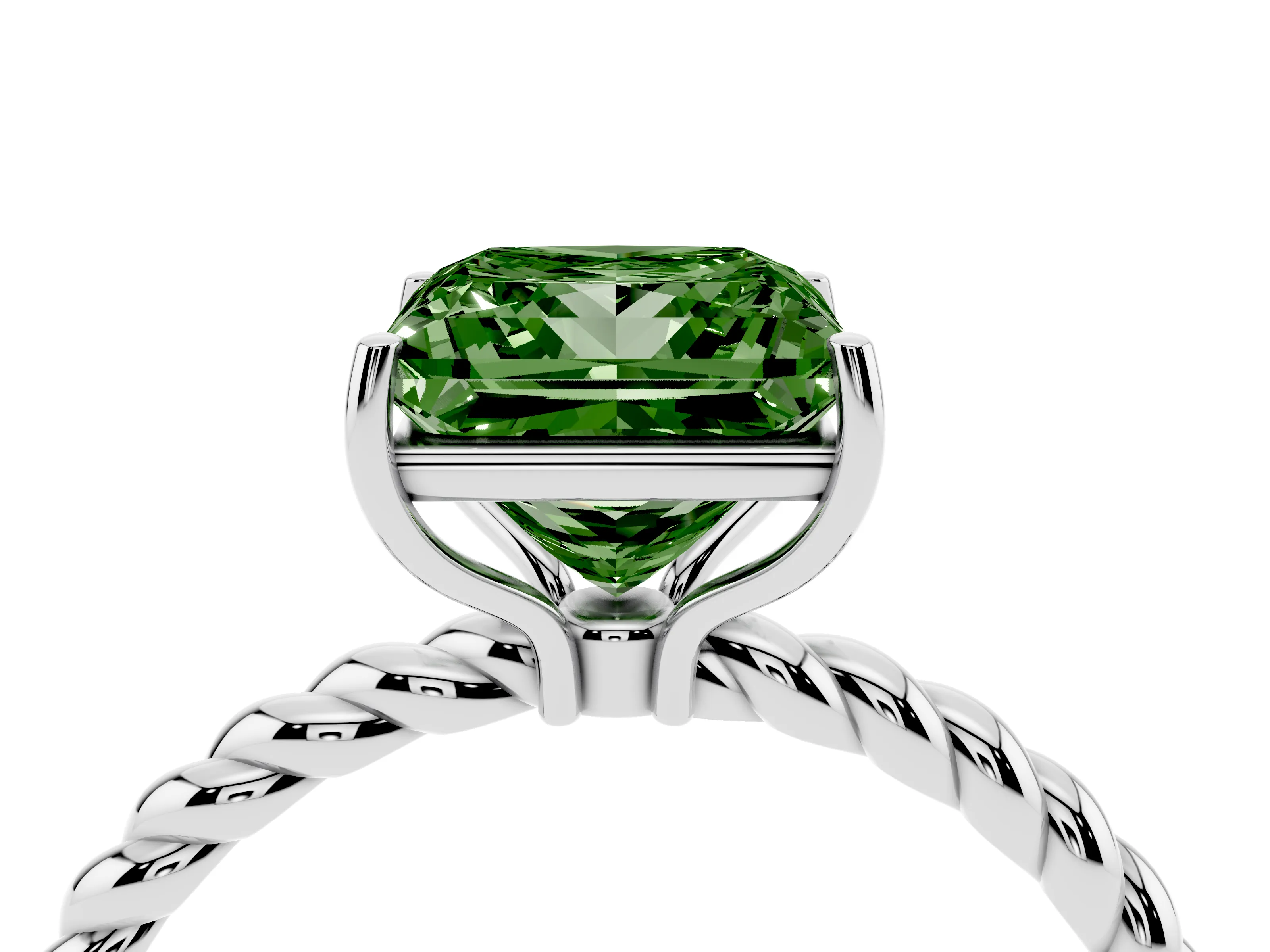 Fancy Green Princess Cut Diamond Solitaire Ring Set in White gold with Twist Band and Prong Setting