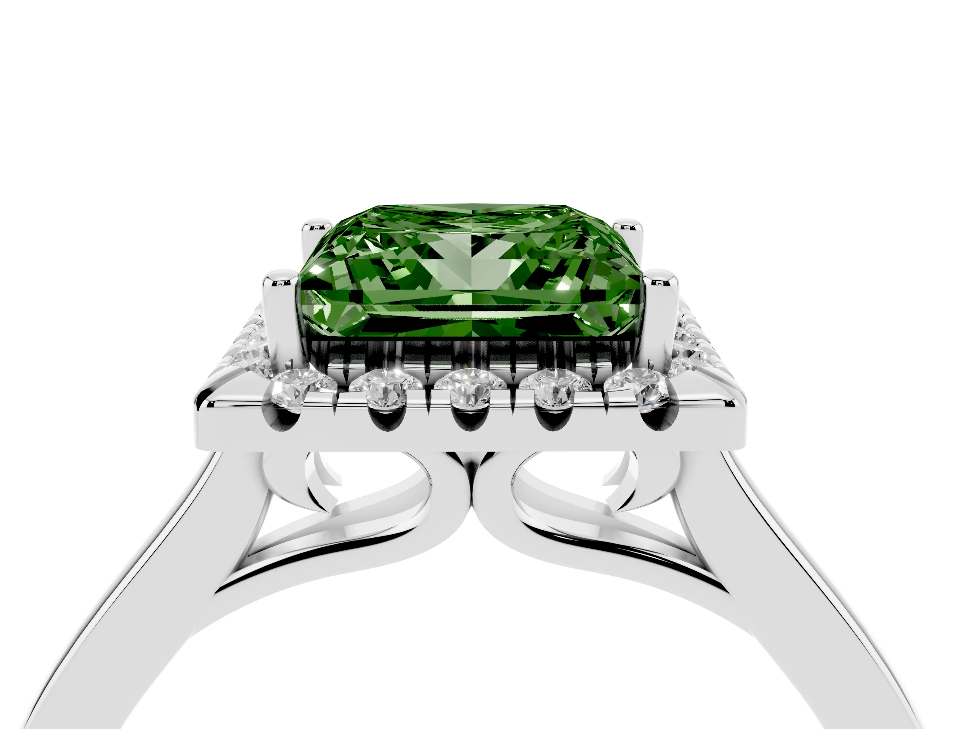 Fancy Green Princess Cut Halo Round Diamond Solitaire Ring Set in White gold with Pavé Band and Prong Setting