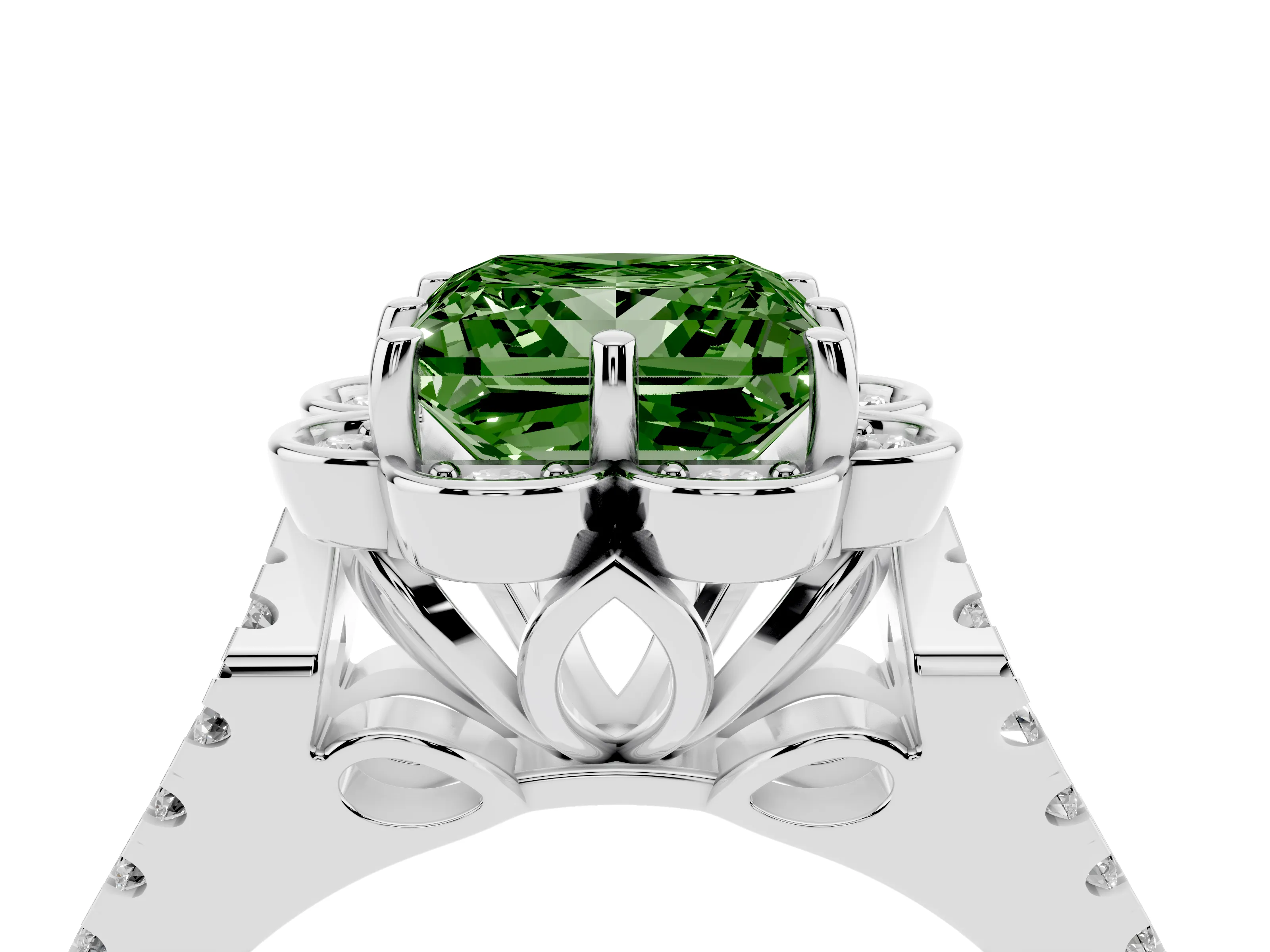 Fancy Green Princess Cut Diamond Floral Halo Split Shank Engagement Ring Set in Silver with Pavé Shank