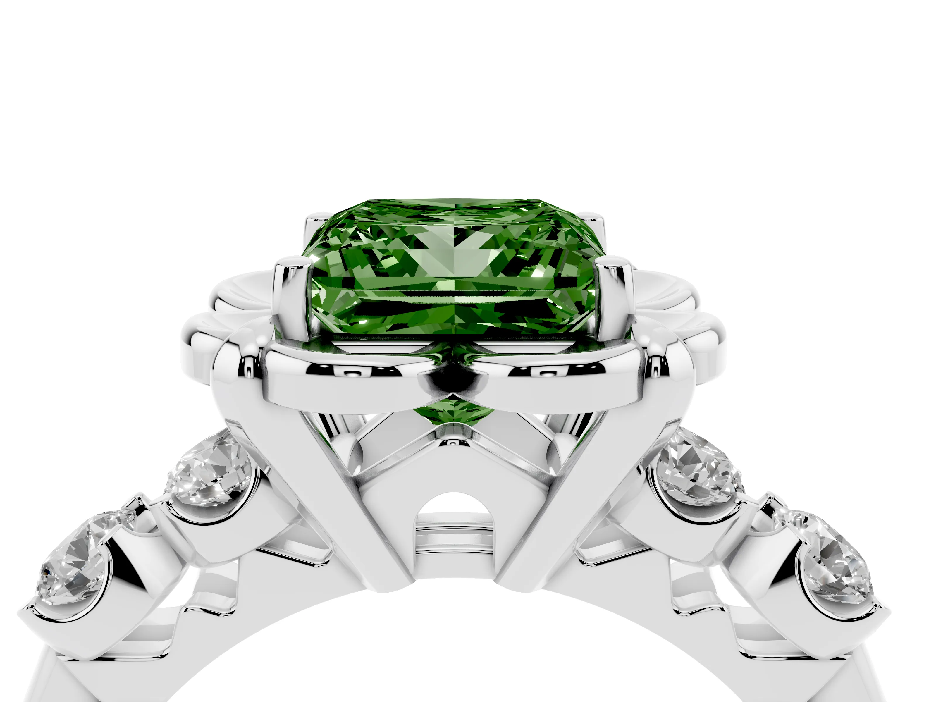 Fancy Green Princess Cut Diamond Floral Halo Ring Set in Platinum with Shared Prong Band