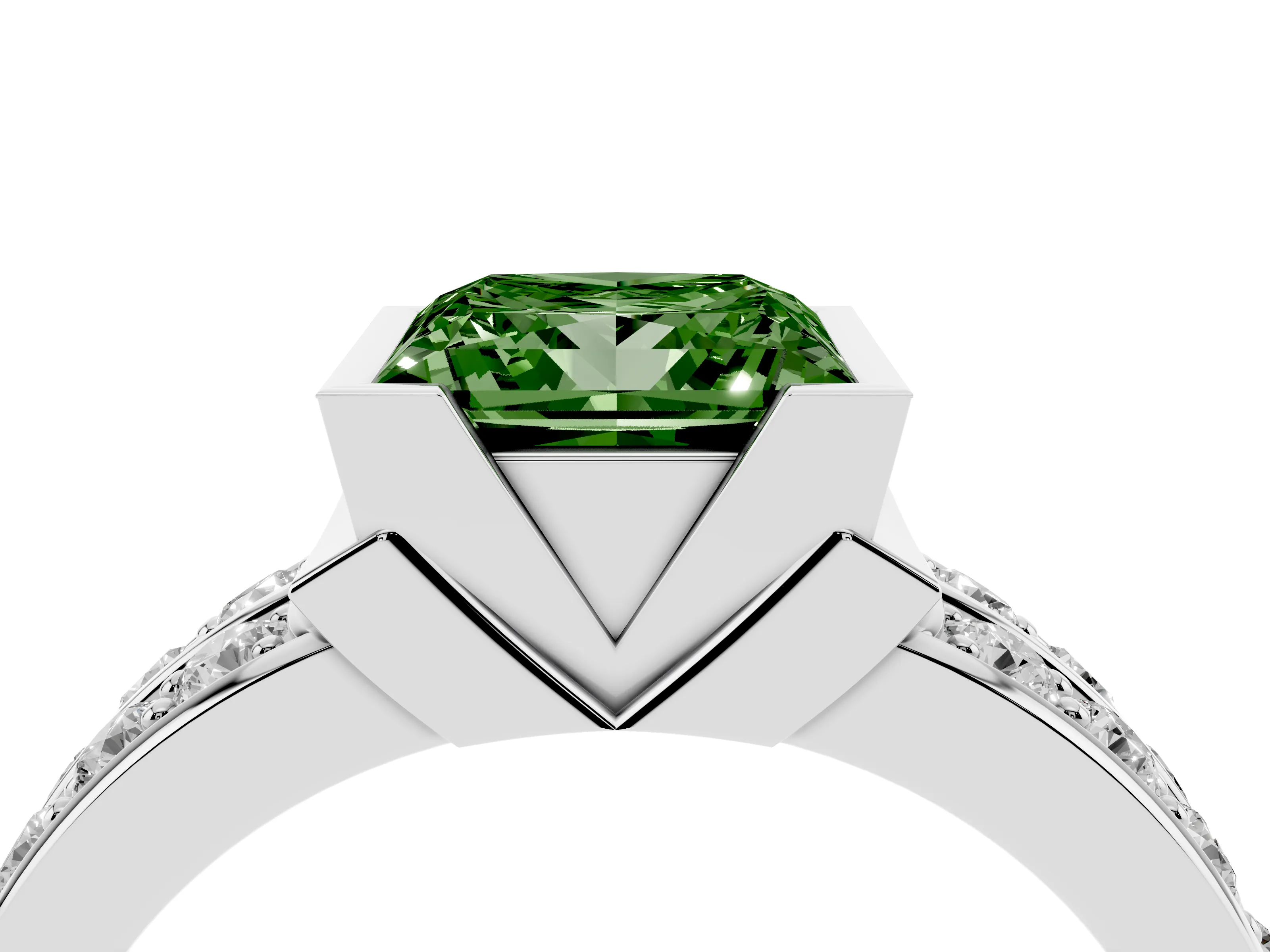 Fancy Green Princess Cut Diamond Wide Channel Set Band Ring Set in Silver with Bezel Setting