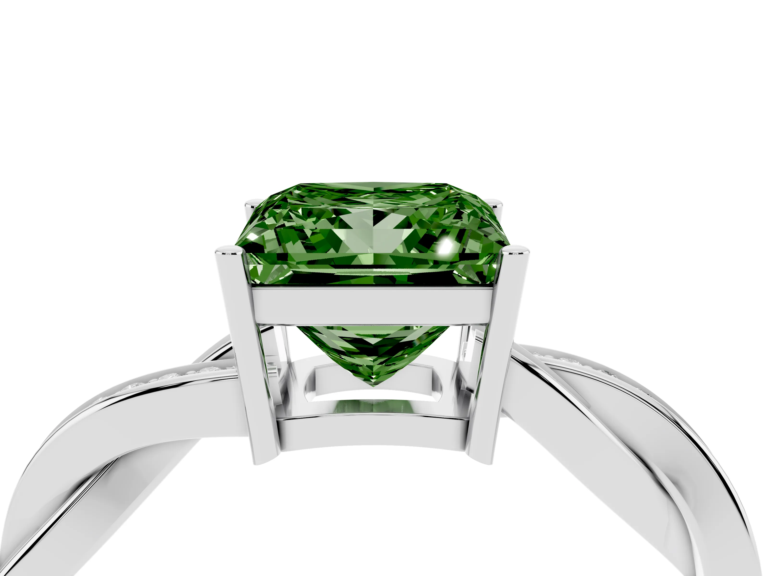Fancy Green Princess Cut Diamond Solitaire Twisted Pavé Ring Set in Silver with Prong Setting