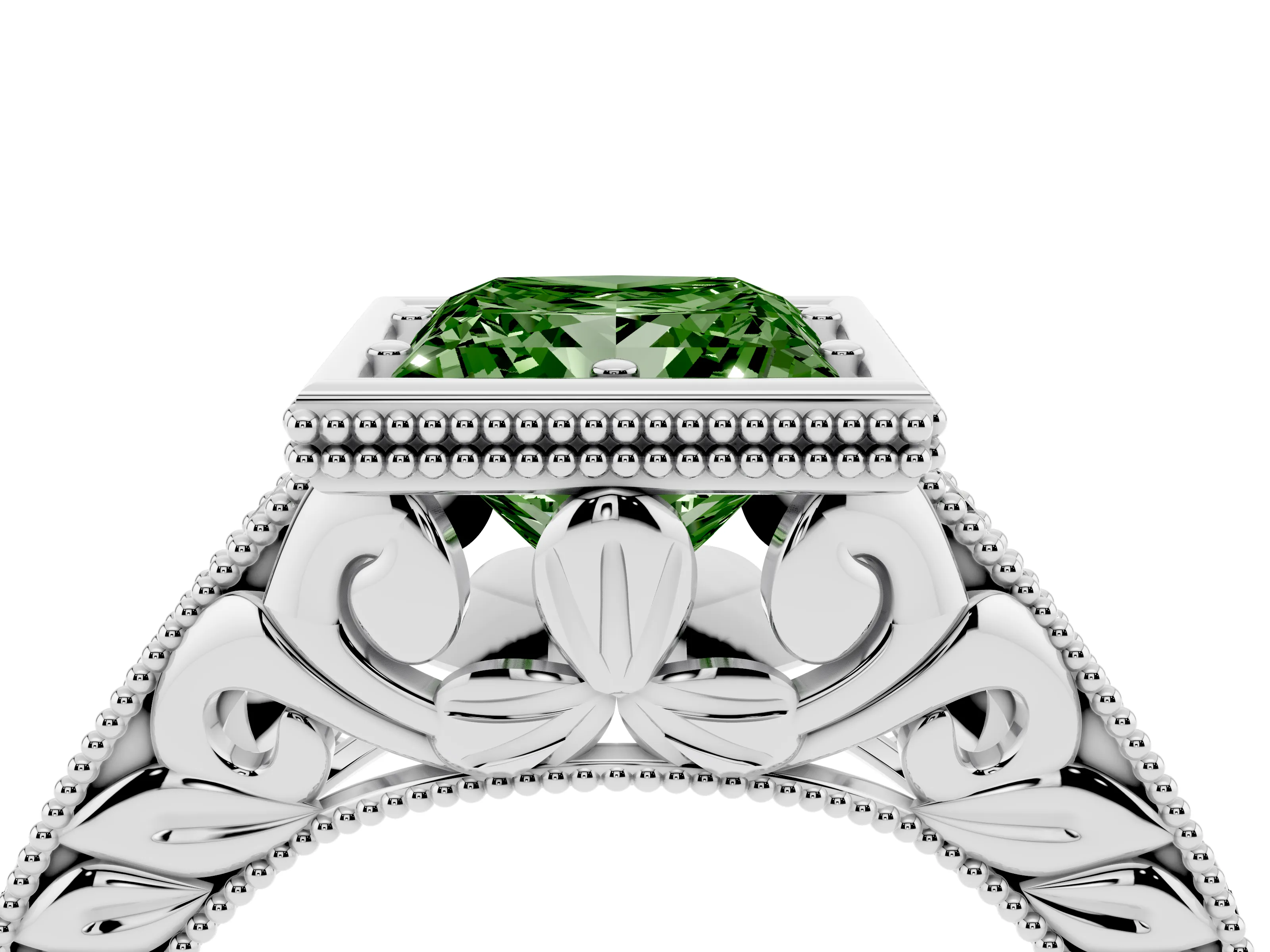 Fancy Green Bezel Set Princess Cut Diamond Milgrain Pavé Engagement Ring Set in Silver
