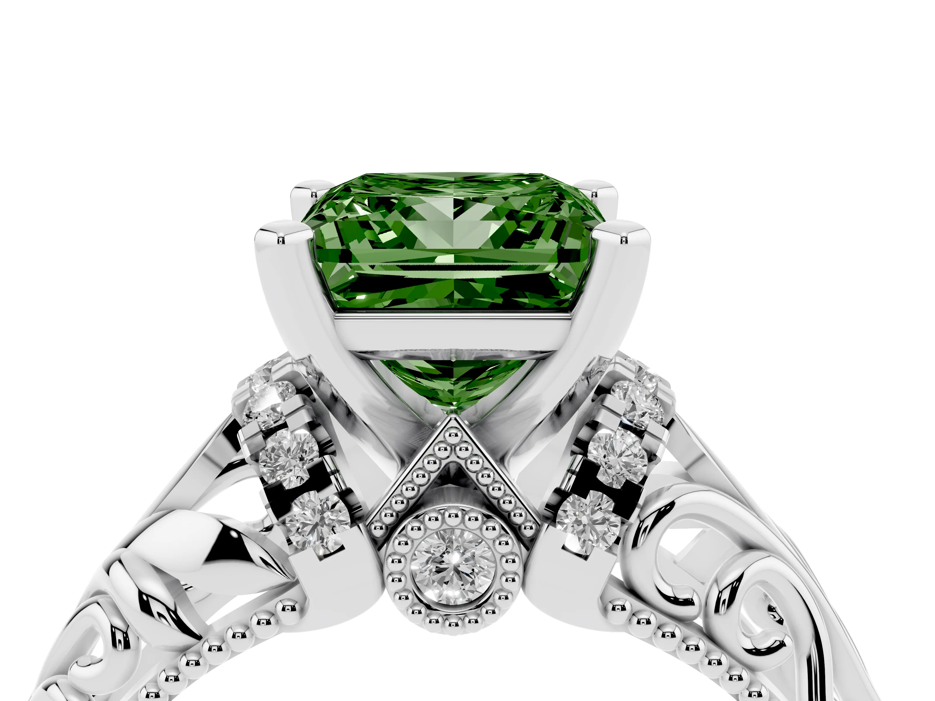 Fancy Green Princess Cut Diamond Filigree Halo Engagement Ring Set in Silver with Prong Setting