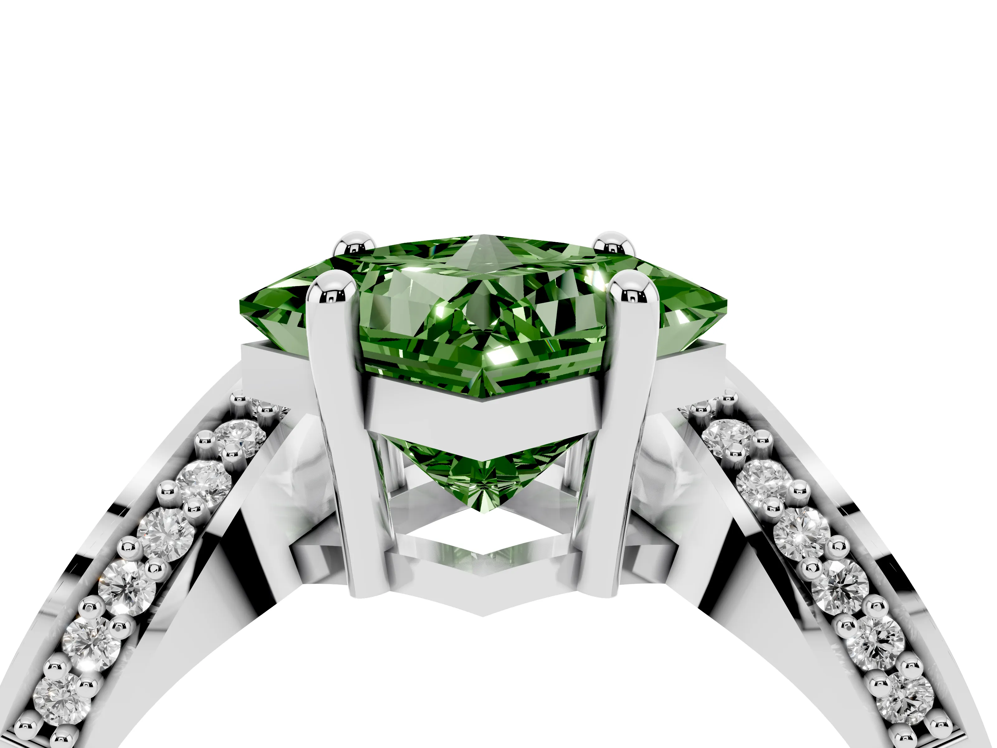 Fancy Green Princess Cut Diamond Solitaire Engagement Ring Set in Platinum with Pavé Shoulders