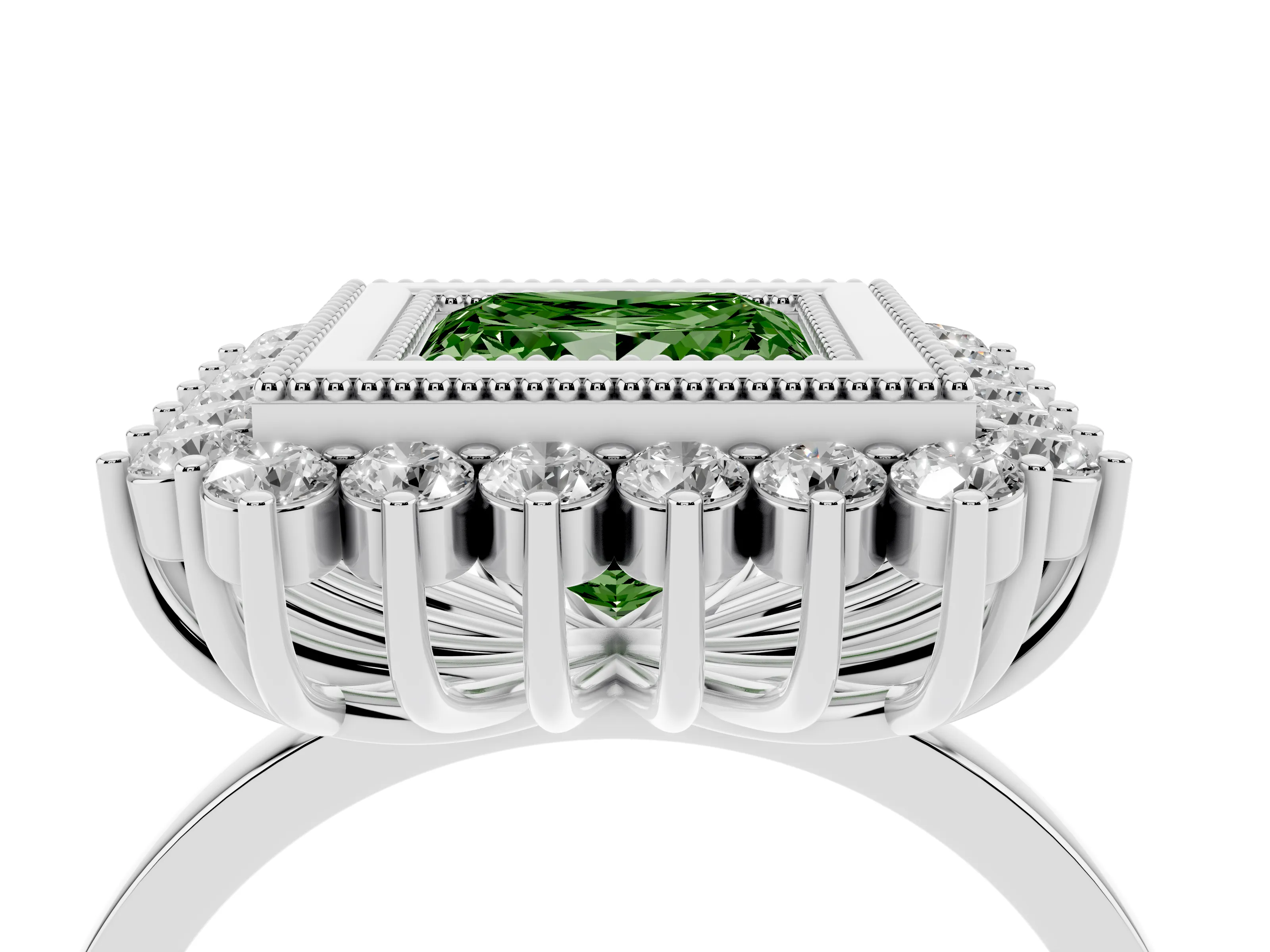 Fancy Green Princess Cut Diamond Halo Ring Set in Platinum with Milgrain Edge and Round Prong Setting