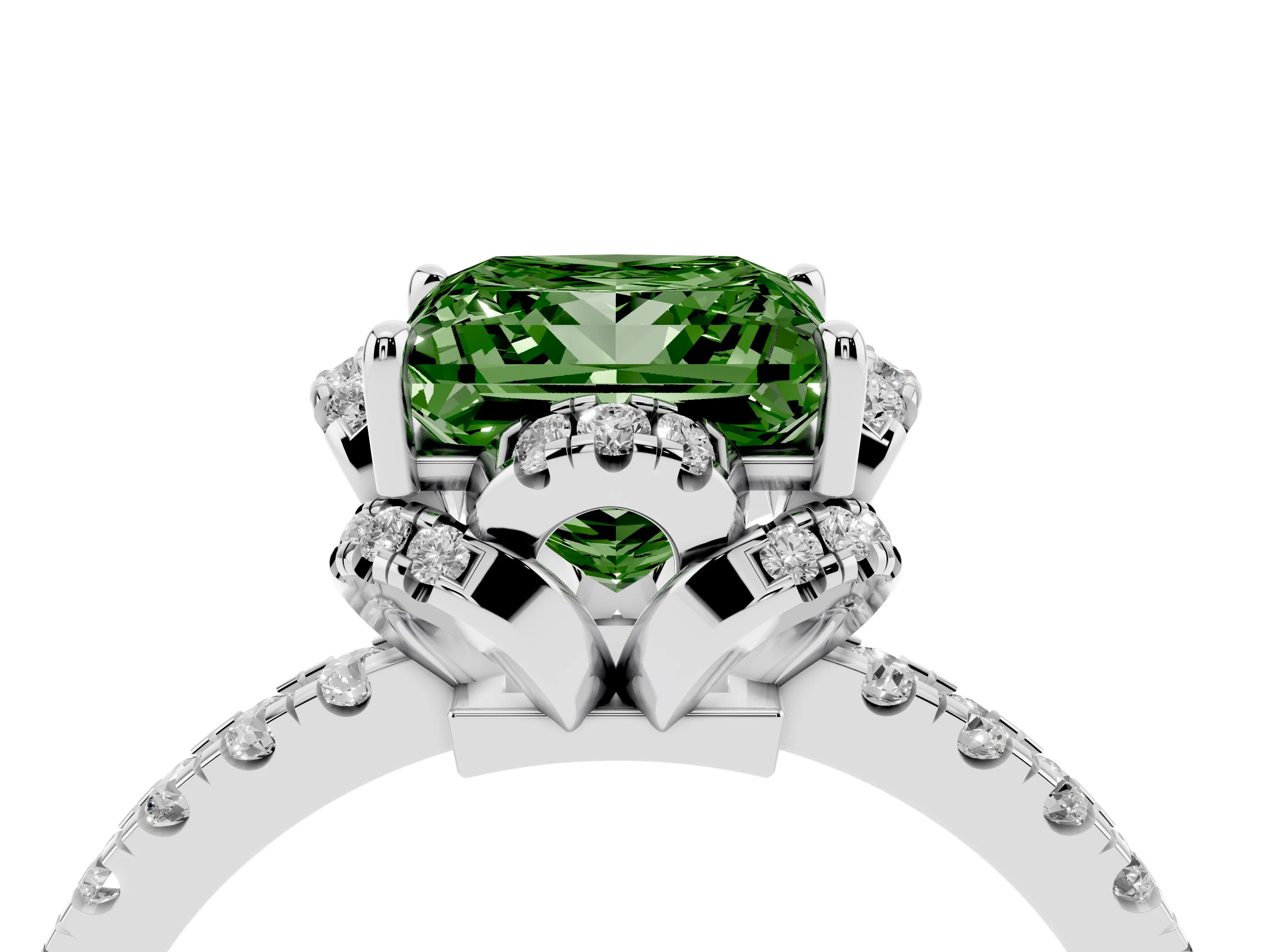 Fancy Green Princess Cut Diamond Halo Pavé Band Ring Set in Platinum with Prong-Held Center