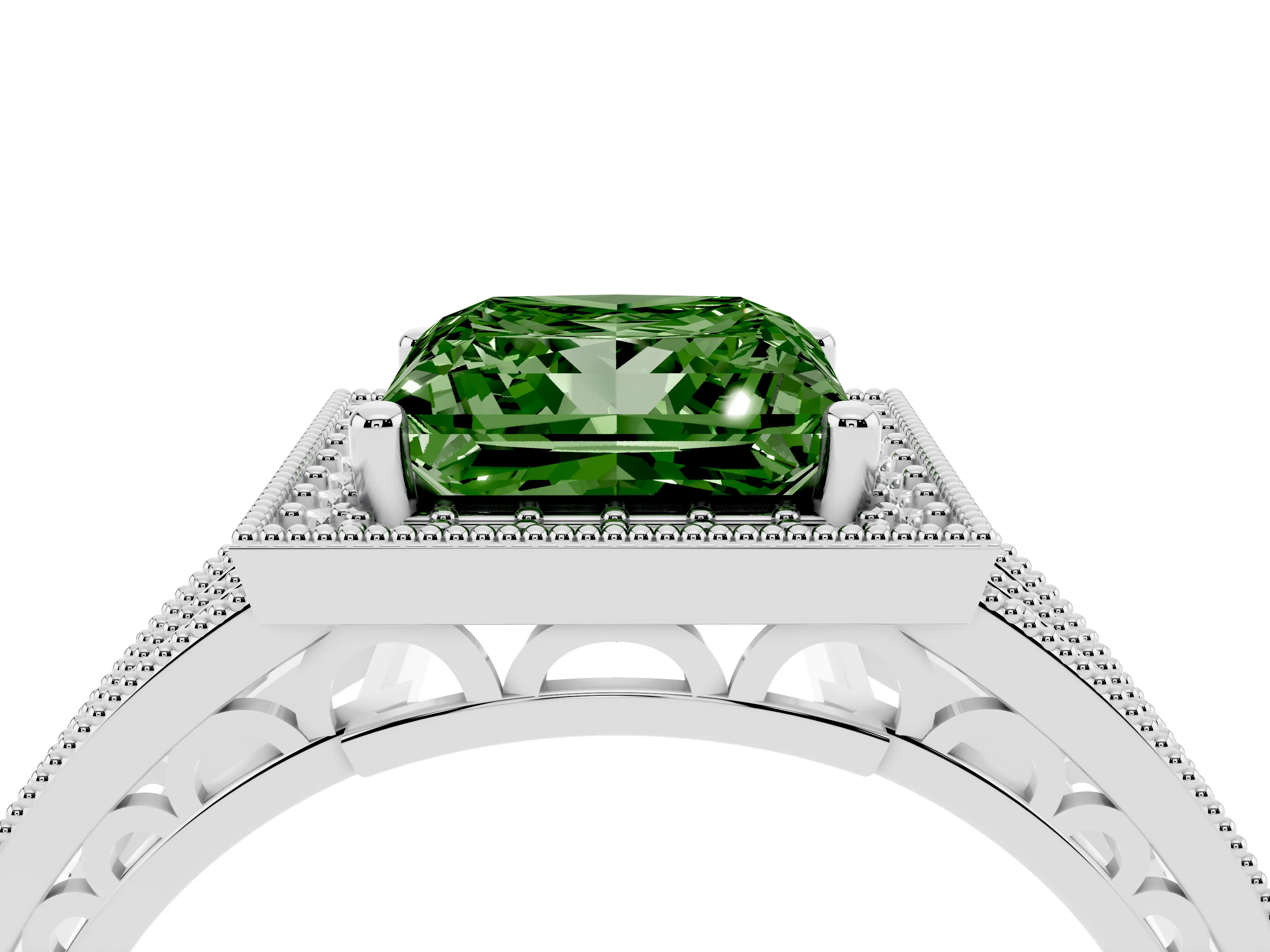 Fancy Green Princess Cut Diamond Halo Ring Set in White gold with Accent Split Shank and Prong Setting