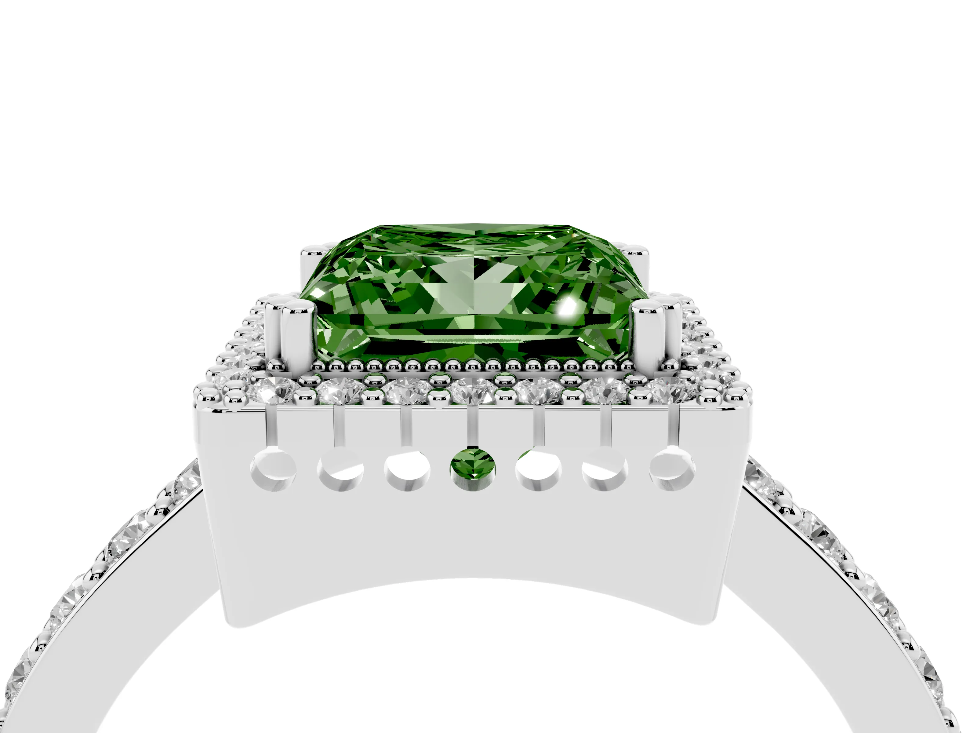Fancy Green Princess Cut Diamond Halo Engagement Ring Set in White gold with Milgrain Detail and Pavé Band