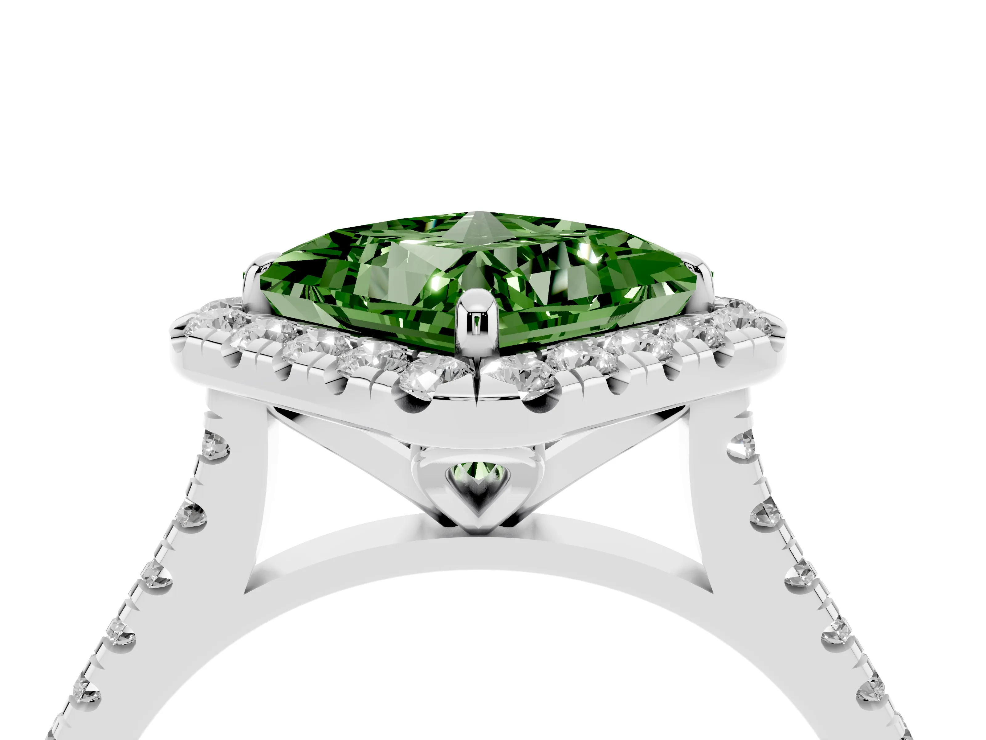 Fancy Green Princess Cut Diamond Cushion Halo Ring Set in Silver with Pavé Band