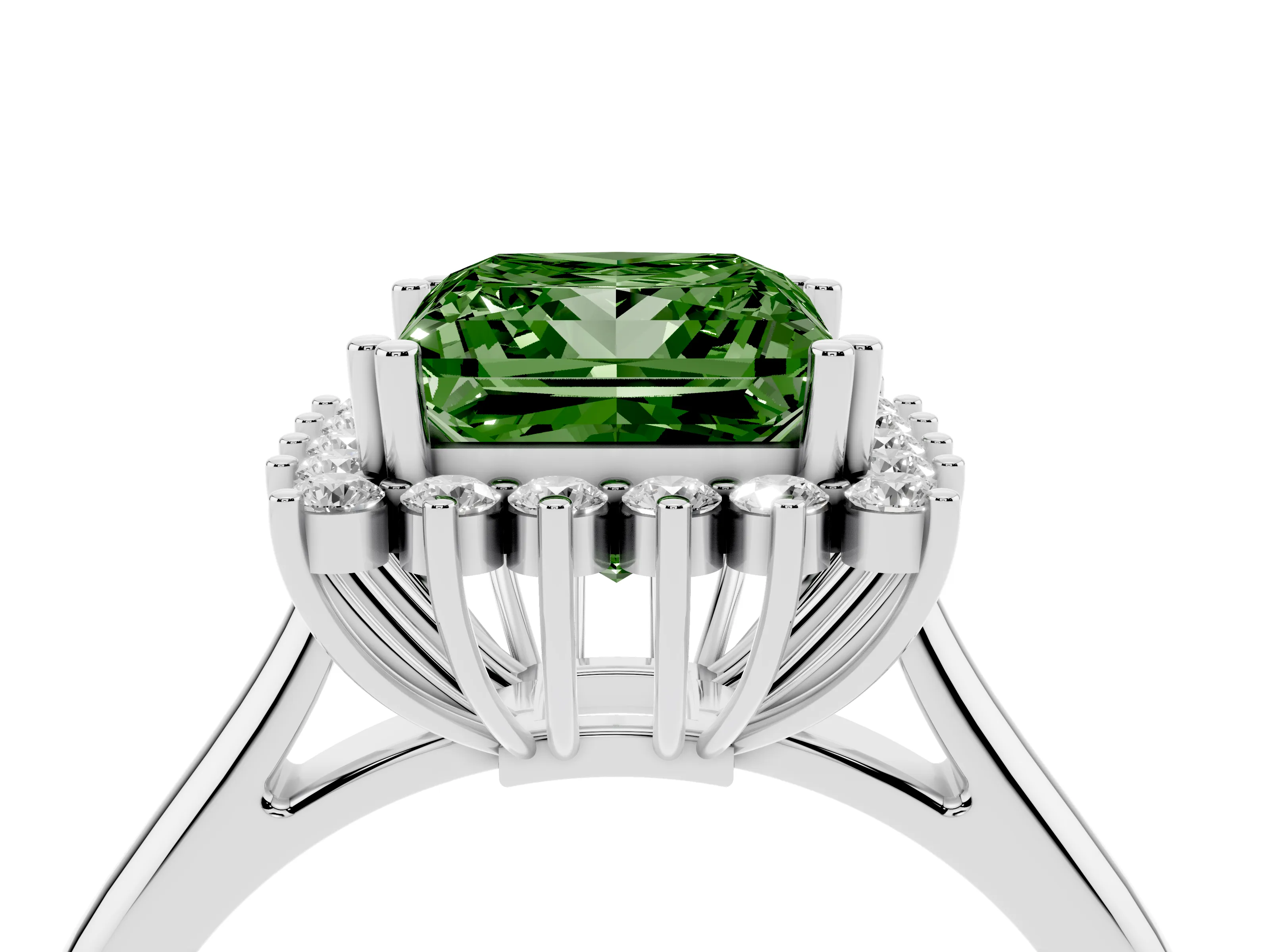 Fancy Green Princess Cut Diamond Halo Ring Set in Silver with Plain Solitaire Band and Prong Setting