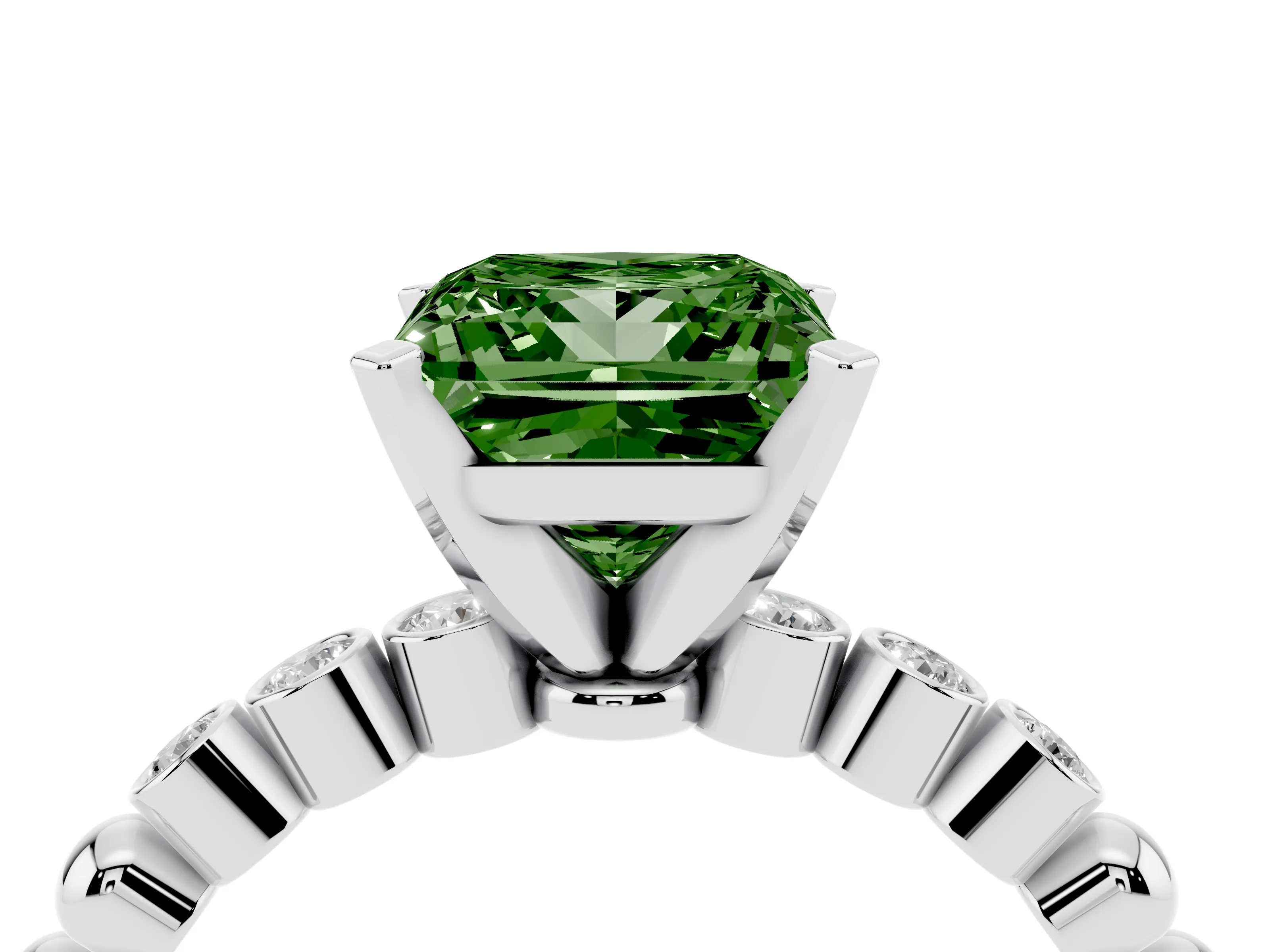 Fancy Green Princess Cut Diamond Solitaire Engagement Ring Set in Silver with Bezel Accents on Beaded Band