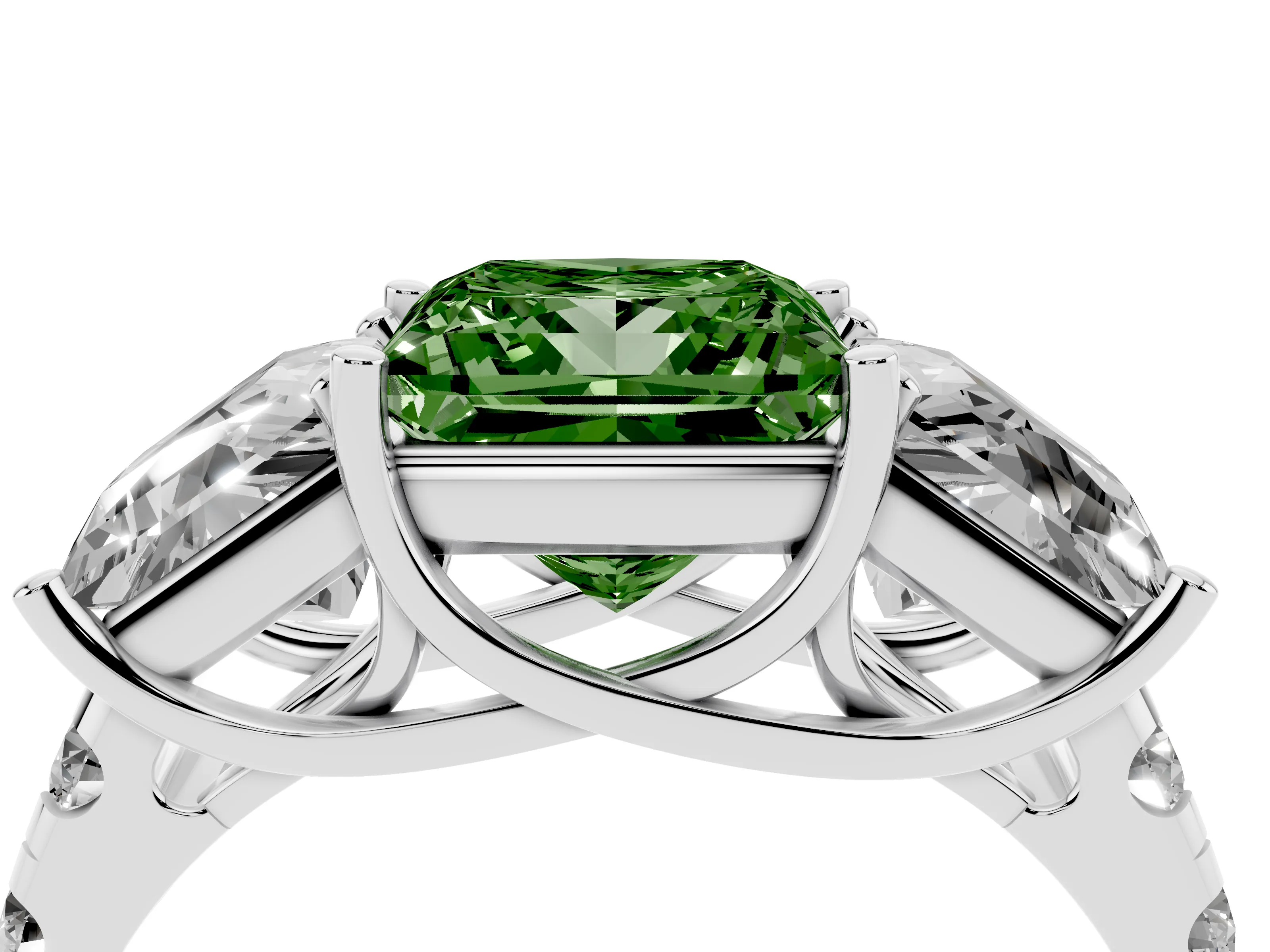 Fancy Green Princess Cut Diamond Three-Stone Ring Set in Silver with Pavé Band