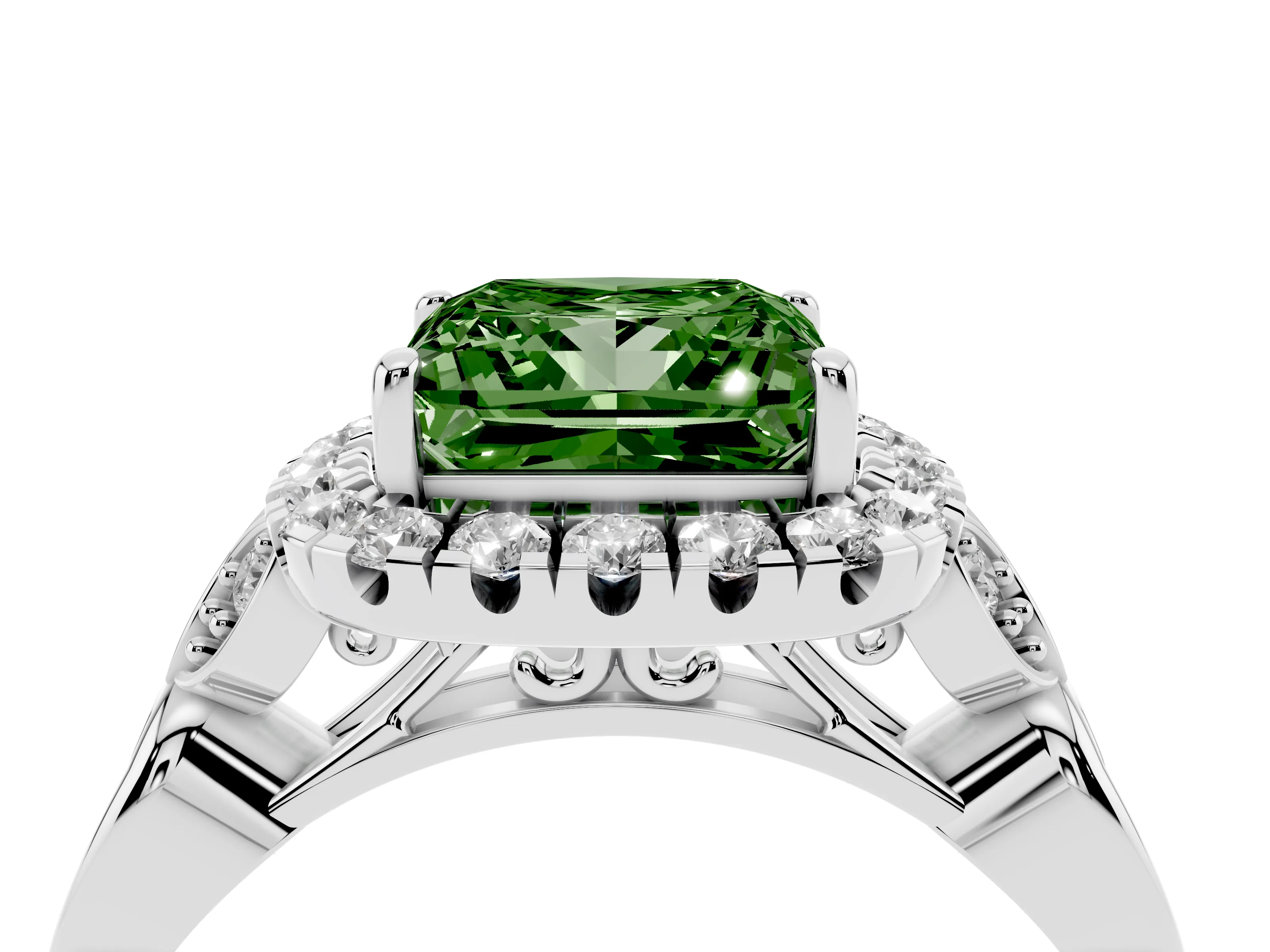 Fancy Green Princess Cut Diamond Halo Engagement Ring Set in Silver with Vintage-Inspired Band and Prong Setting